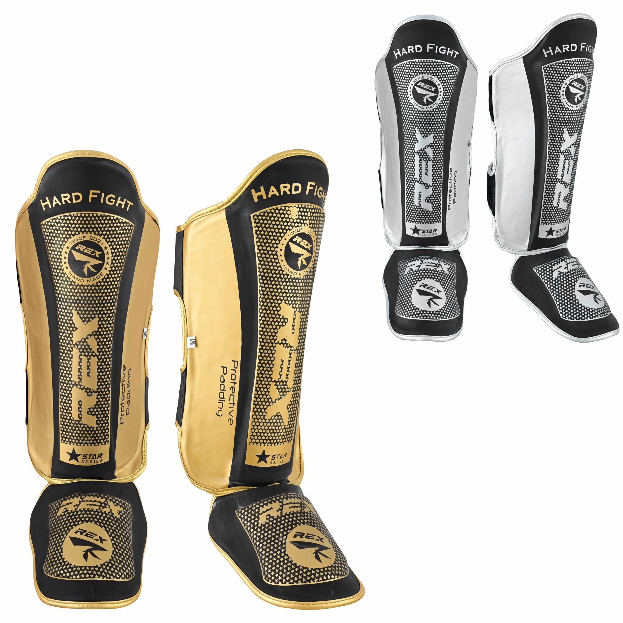 Rex Boxing Shin Guard Muay Thai Instep Leg Protector for Martial Arts, Kickboxing, BJJ, Karate, PU Leather reinforced MMA Shin Instep (Black/GOLD, XL)