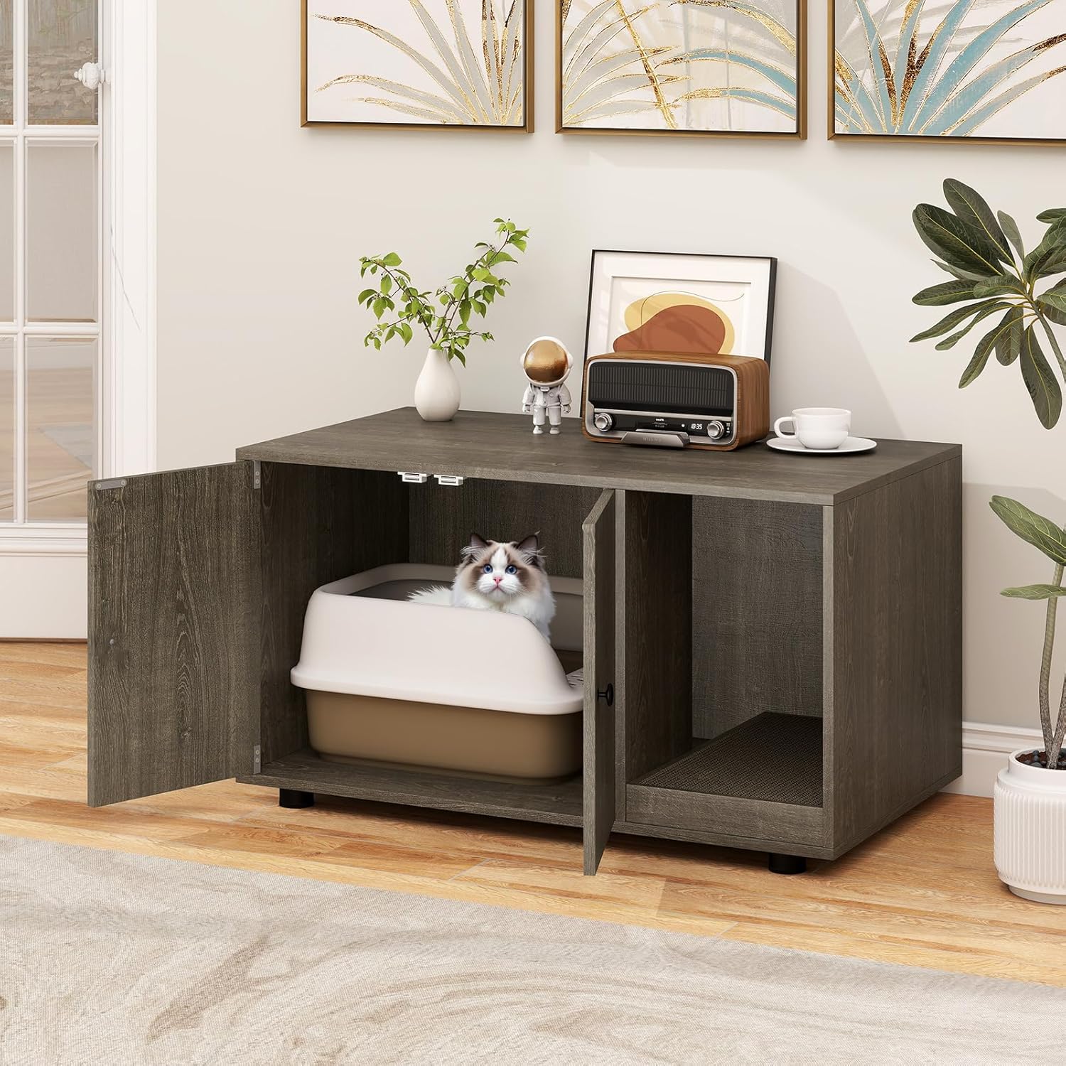 Tangkula Cat Litter Box Enclosure, Hidden Litter Box Furniture with Scratching Board, Double Doors, Modern Indoor Cat House End Table, Wooden Cat Washroom Cabinet (Oak Gray)