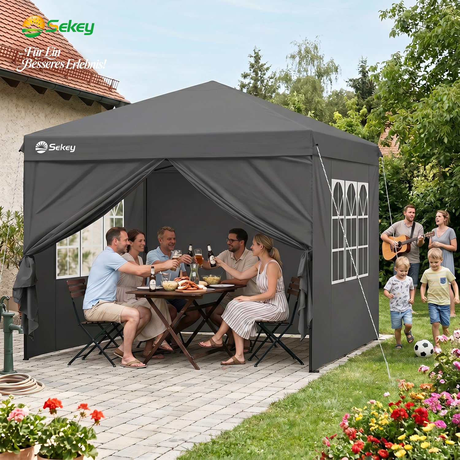 Sekey Pop Up Pavillon 3x3 Wasserdicht Stabil, Faltpavillon 3m x 3m mit Seitenwänden, Partyzelt Faltbar für Camping Party, Stufenlos Höheverstellbar 250 bis 270cm (Anthrazit, 3 x 3 m)