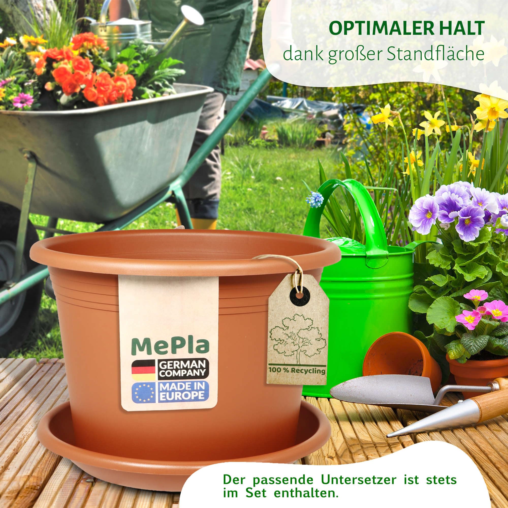 MePla - Blumentopf Pflanzkübel Cylindro ø60 cm + Untersetzer ø58 cm, Terrakotta, wetterfest aus UV-beständigem Kunststoff