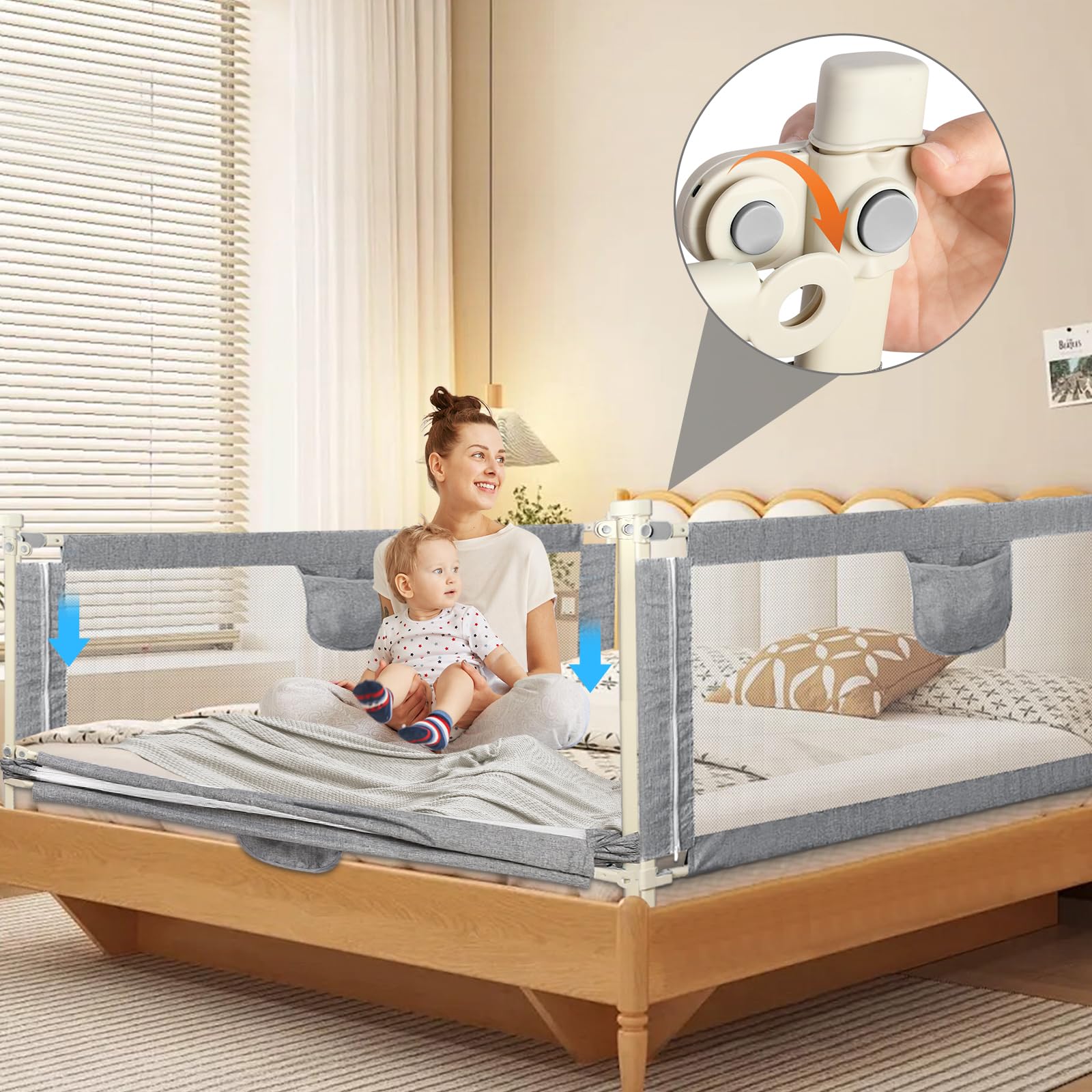 Barrière de lit de 150/180/200 cm, Protection Contre Les Chutes, Réglable en Hauteur 70-105 cm, Barrière de lit pour Tout-Petits, Barrière de lit avec Filet aéré,Facile à Monter (200cm,Gris)