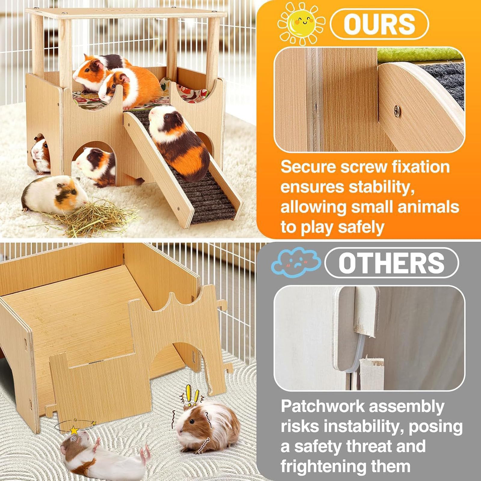 Casa per Criceti A Doppio Strato con Nascondigli Scorrevoli Antiscivolo Piccoli Animali Domestici Furetti Accessori Gabbie in Legno Nascondigli Piccoli Animali con Fori Ventilazione