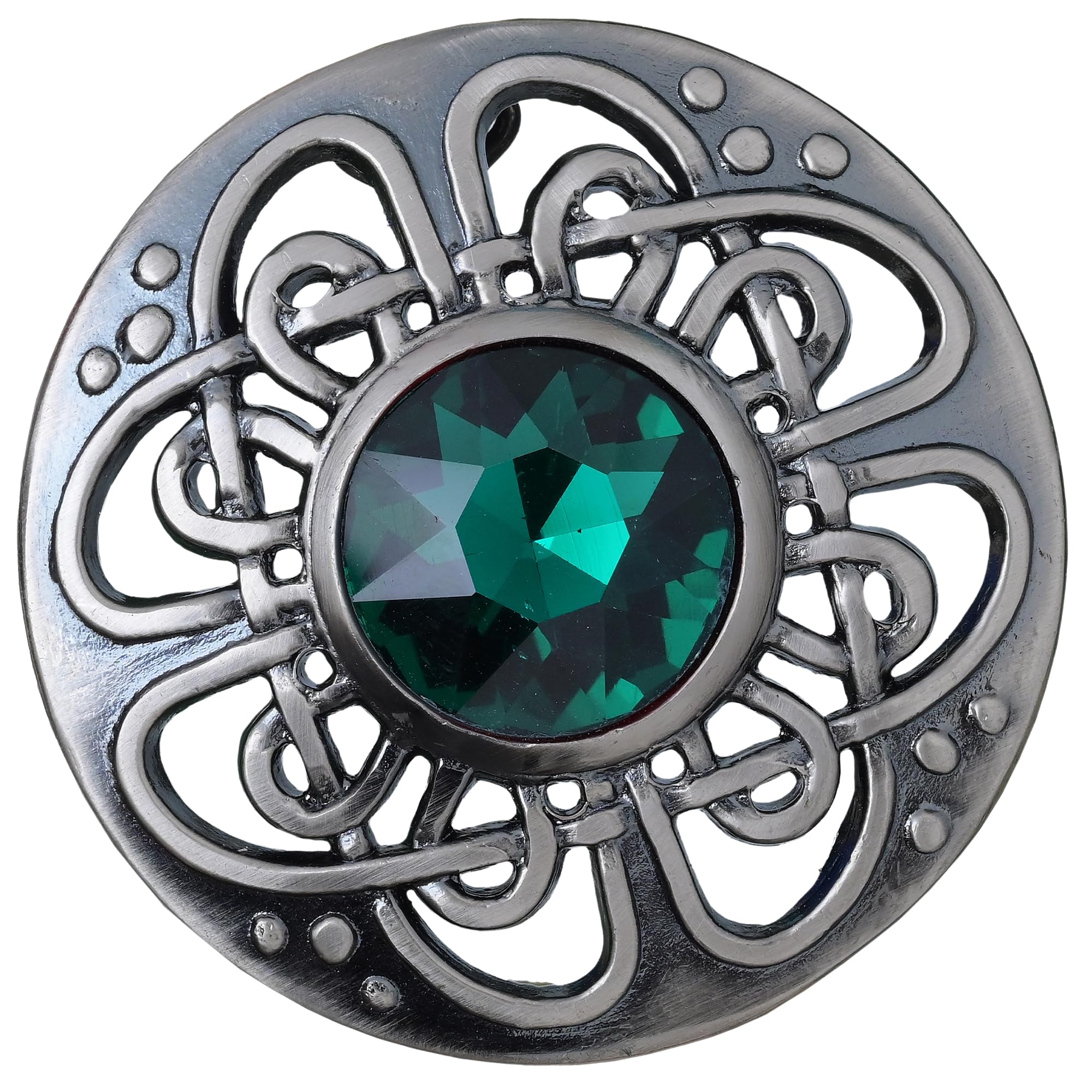 Elegant Culloden Plaid Brooch – Scottish Kilt Fly Plaid Brooch Intricate Celtic Knot in Pewter with Gemstone 3-Inch Diameter – Ideal for Scottish Kilts &amp; Formal Wear