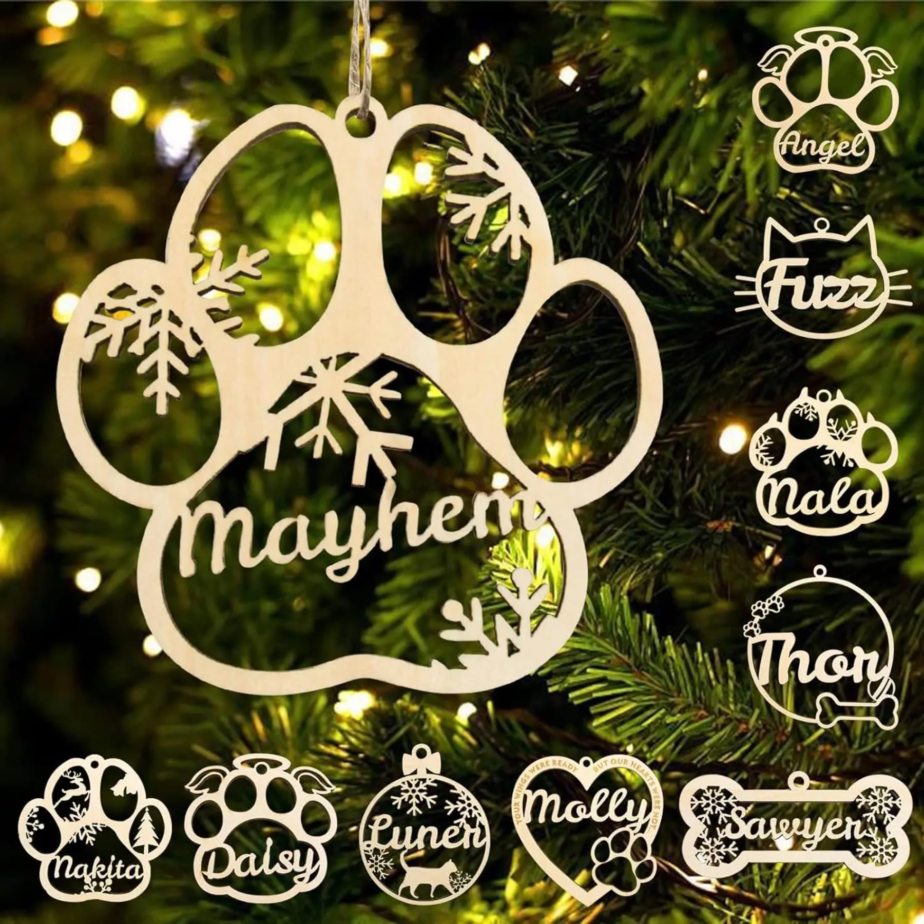 Adorno personalizado de pata de perro y gato para Navidad, adorno personalizado con nombre de mascota, adornos de madera personalizados para árbol de Navidad