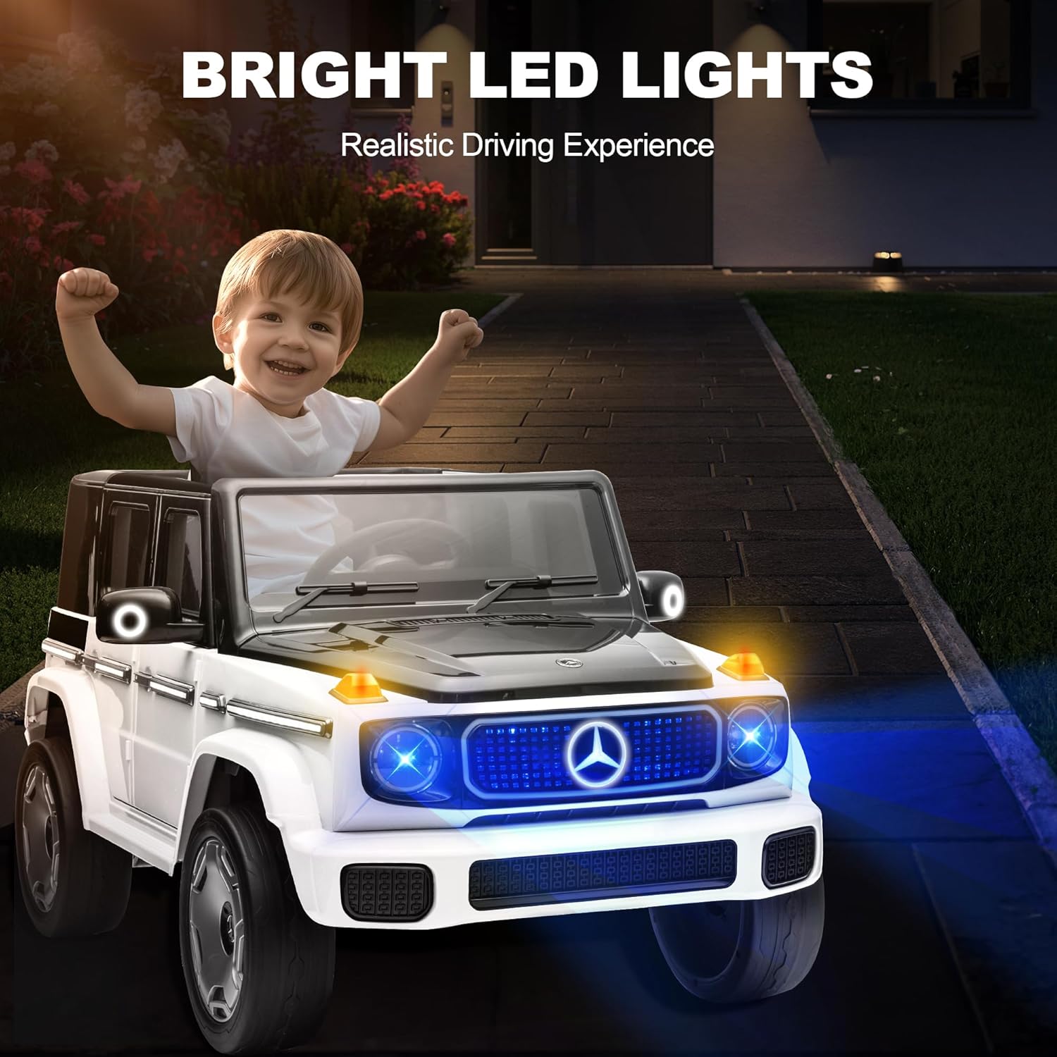 XCAR 12V Ride on Kids Car, Electric Ride on Toy with Remote Control, LED Lights, 3 Speeds, for Kids Ages 3-6 Years Old, White