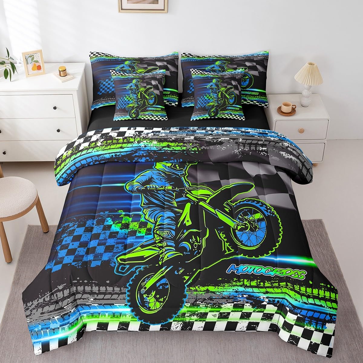 Feelyou Boys Girls Dirt Bike Bed in A Bag Twin Size, Extreme Sports 7 Pieces Bedding Set Kids Racing Motocross Comforter Set with Sheets Motorcycle Teens Bed Set Bedroom Decor 7Pcs