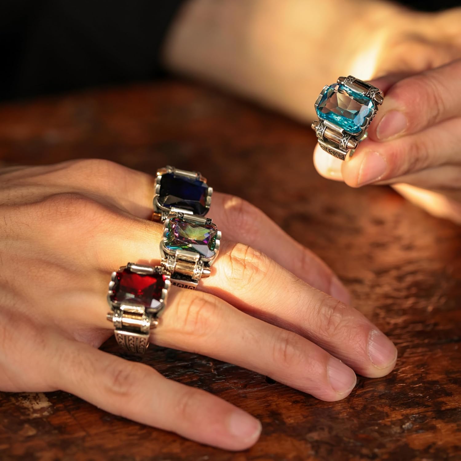 Genuine Solid 925 Sterling Silver Ring for Men, Accented with Bronze, Faceted Simulated Red Ruby Stone, Vintage Turkish Ottoman Style