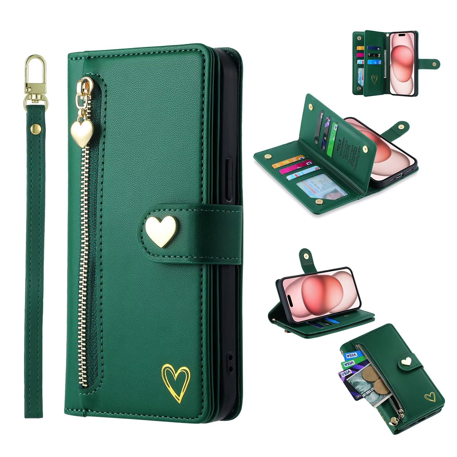 Wallet Case for Sony Xperia 1 IV, Cute Heart Pattern PU Leather Flip Folio Zipper Pocket Women Girls Phone Cover with Wrist Strap Card Holders Kickstand Magnetic Green