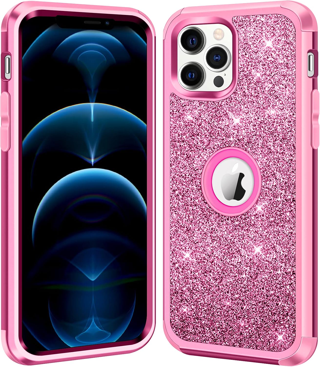Hython Compatible with iPhone 12 Pro Max Case, Heavy Duty Defender Protective Case Bling Glitter Sparkle Hard Shell Hybrid Shockproof Rubber Bumper Cover for iPhone 12 Pro Max 6.7-inch 2020, Rose Red