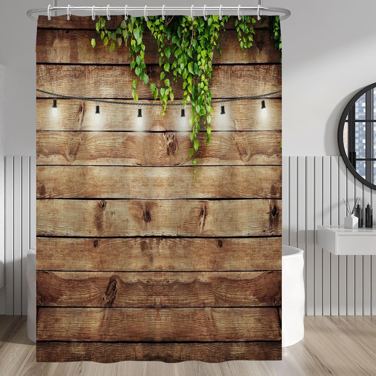 Baocicco Rustic Wooden Board Shower Curtain Brown Barn Wood White Light Bulb Green Leaves Shower Curtains Decorative for Bathroom Waterproof Fabric Shower Curtain with Hooks 72x96 Inches