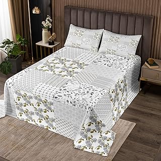 Feelyou Floral Print Bedspread Queen Size Flowers Pattern Coverlet Set Gray Geometric Quilt Set Plaid Grid Bedding Cover for Boys Girls Kids Adults