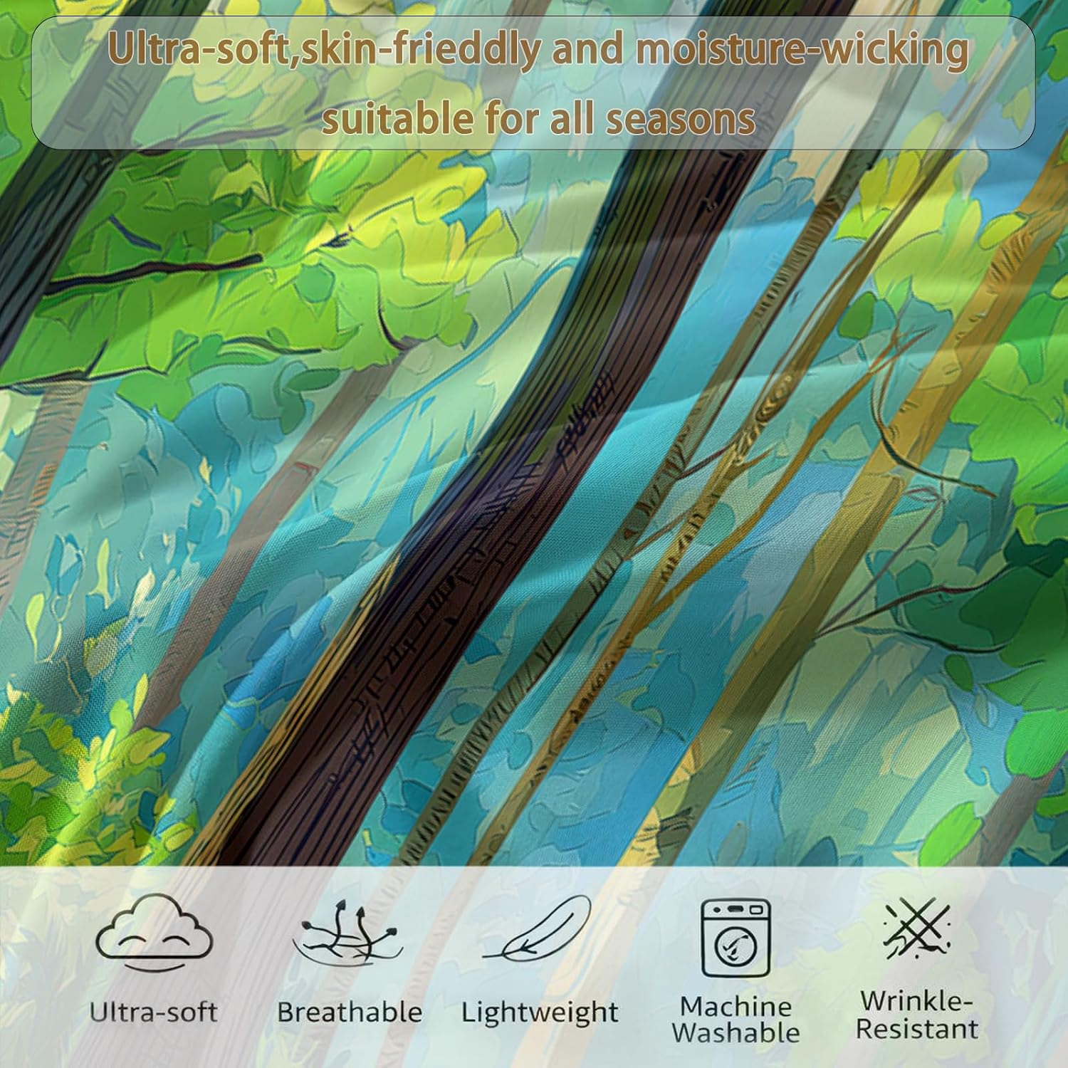 Abstract Forest Green Trees Thin Summer Full Comforter 80 x 90 in, Cartoon Lightweight Quilt Bedding Set - Soft Breathable Duvet for Hot Sleepers, Kids Boys Girls Bedroom Guest Room Decor