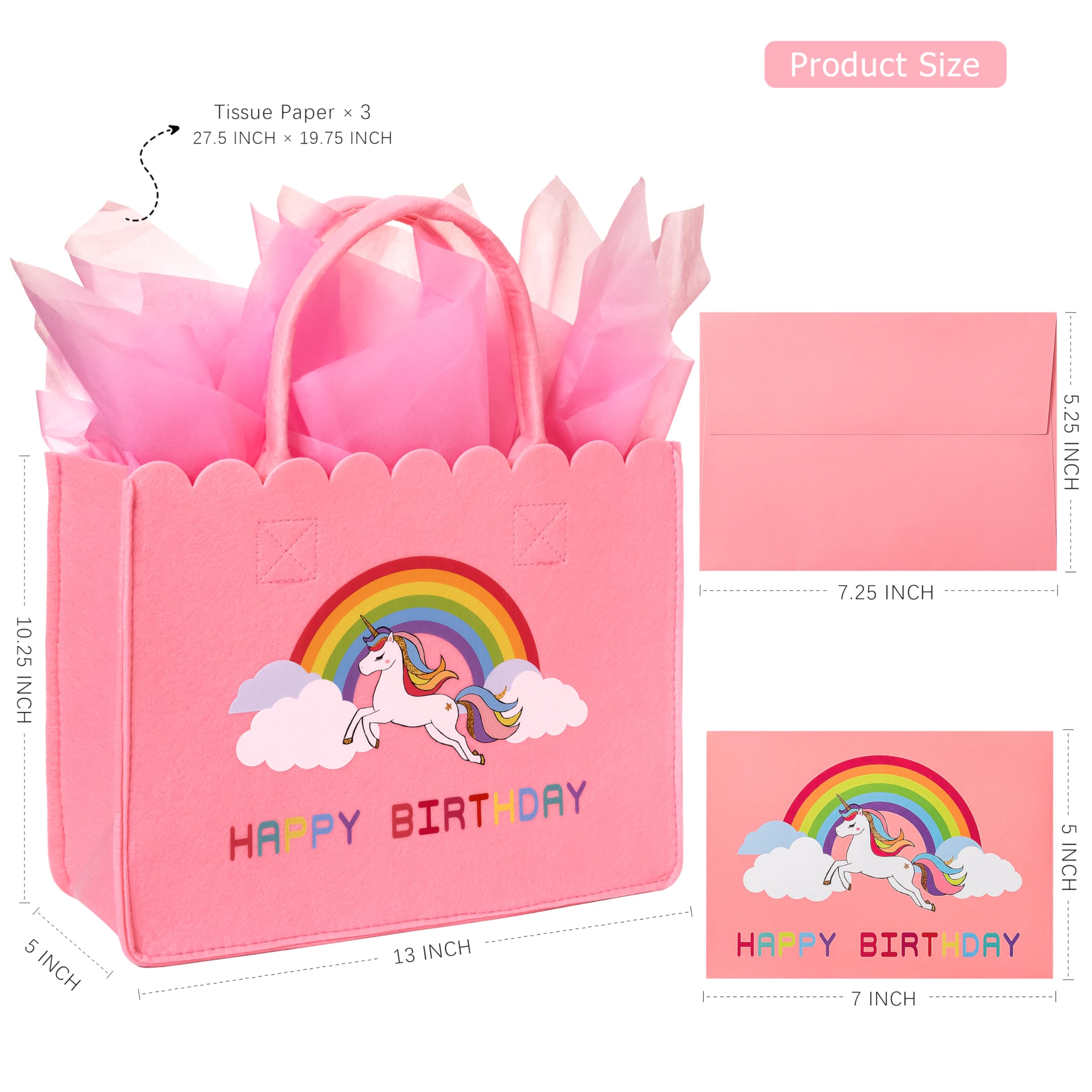 Crisky Felt Unicorn Gift Bag for Girls, Reusable Unicorn Birthday Gift Bags for Girls with Birthday Card, Pink Tote Bag for 4th 5th 6th 7th 8th 9th 10th Bday Party Decorations Gifts Ideas