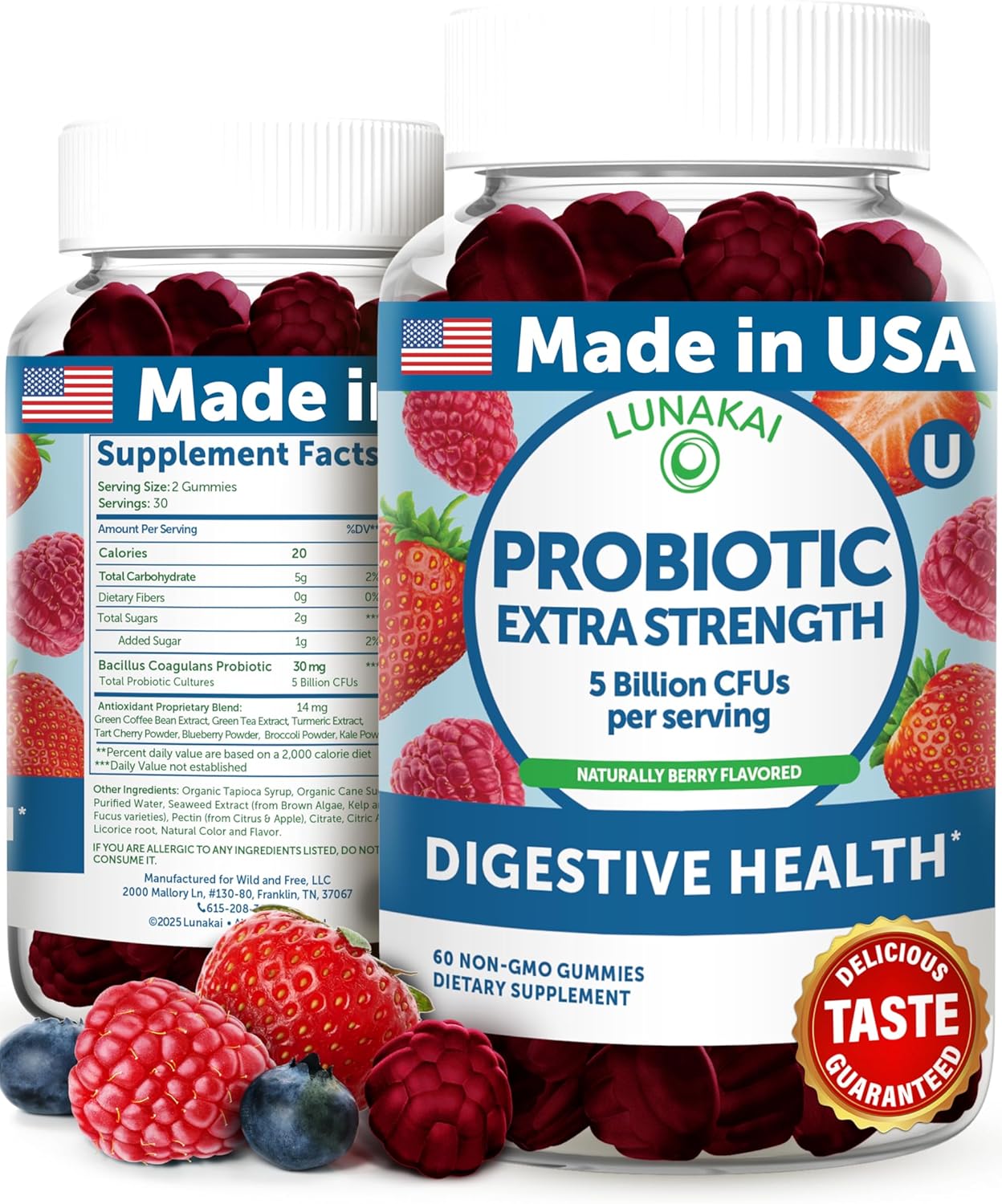 Lunakai USA Made Probiotic Gummies – 5 Billion CFUs, Vegan, Non-GMO, Gluten-Free – Digestive & Immune Support for Women & Men – 60 Chewable Gummies