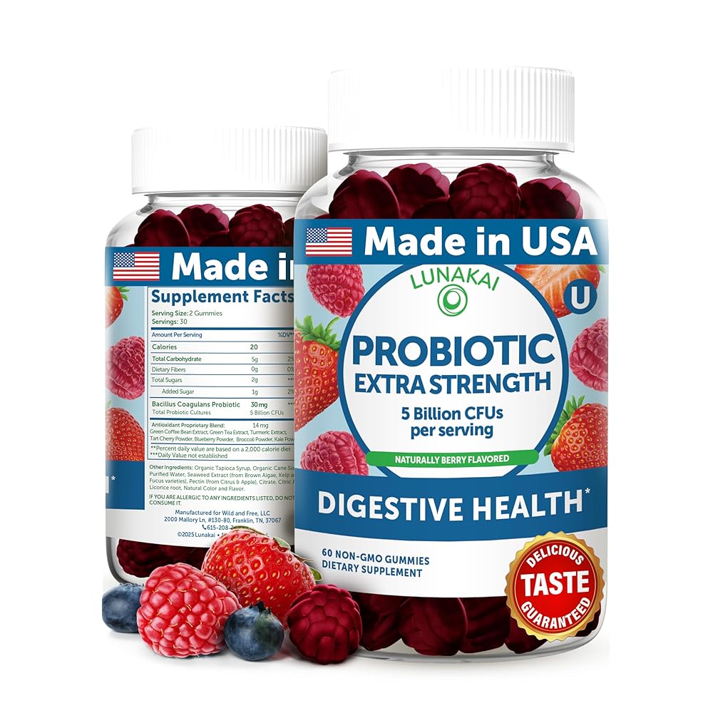 Lunakai USA Made Probiotic Gummies - 5 Billion CFUs, Vegan, Non-GMO, Gluten-Free - Digestive & Immune Support for Women & Men - 60 Chewable Gummies