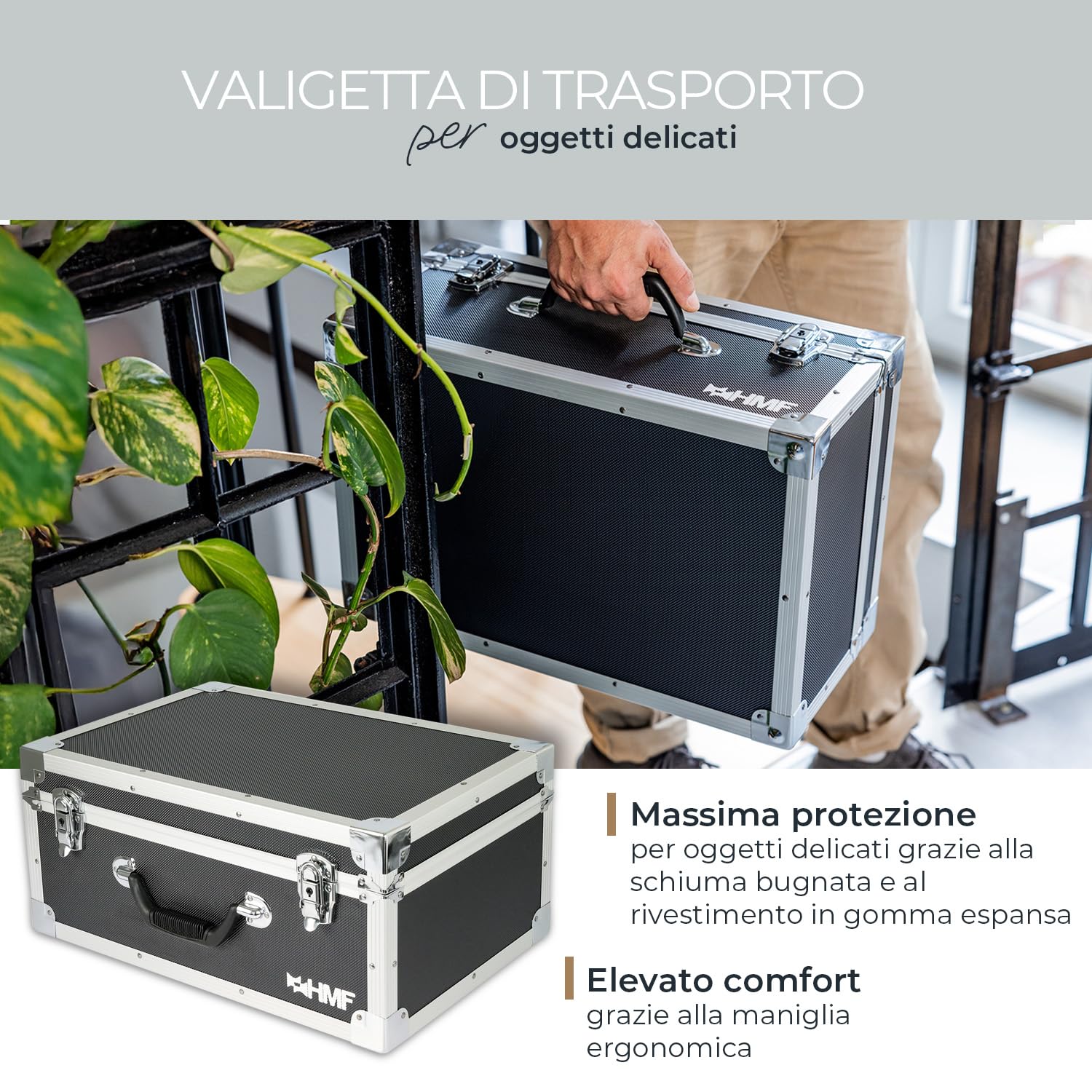 HMF Valigetta fotografica con schiuma, valigia da trasporto imbottita con telaio in alluminio per DSLR/reflex & accessori fotografici | 48 x 32 x 22,5 cm | Nero