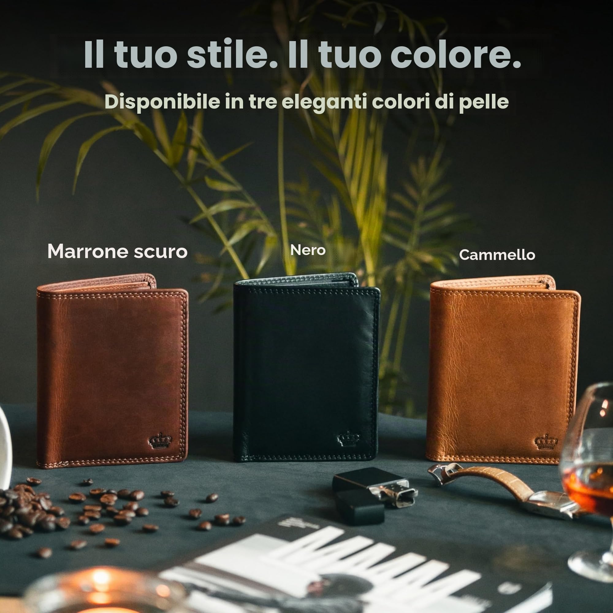 Baur portafoglio da uomo – vera pelle con protezione RFID – portafoglio grande verticale con 12 scomparti carte – ampio scomparto portamonete (Formato verticale con bottone interno, Marrone scuro)