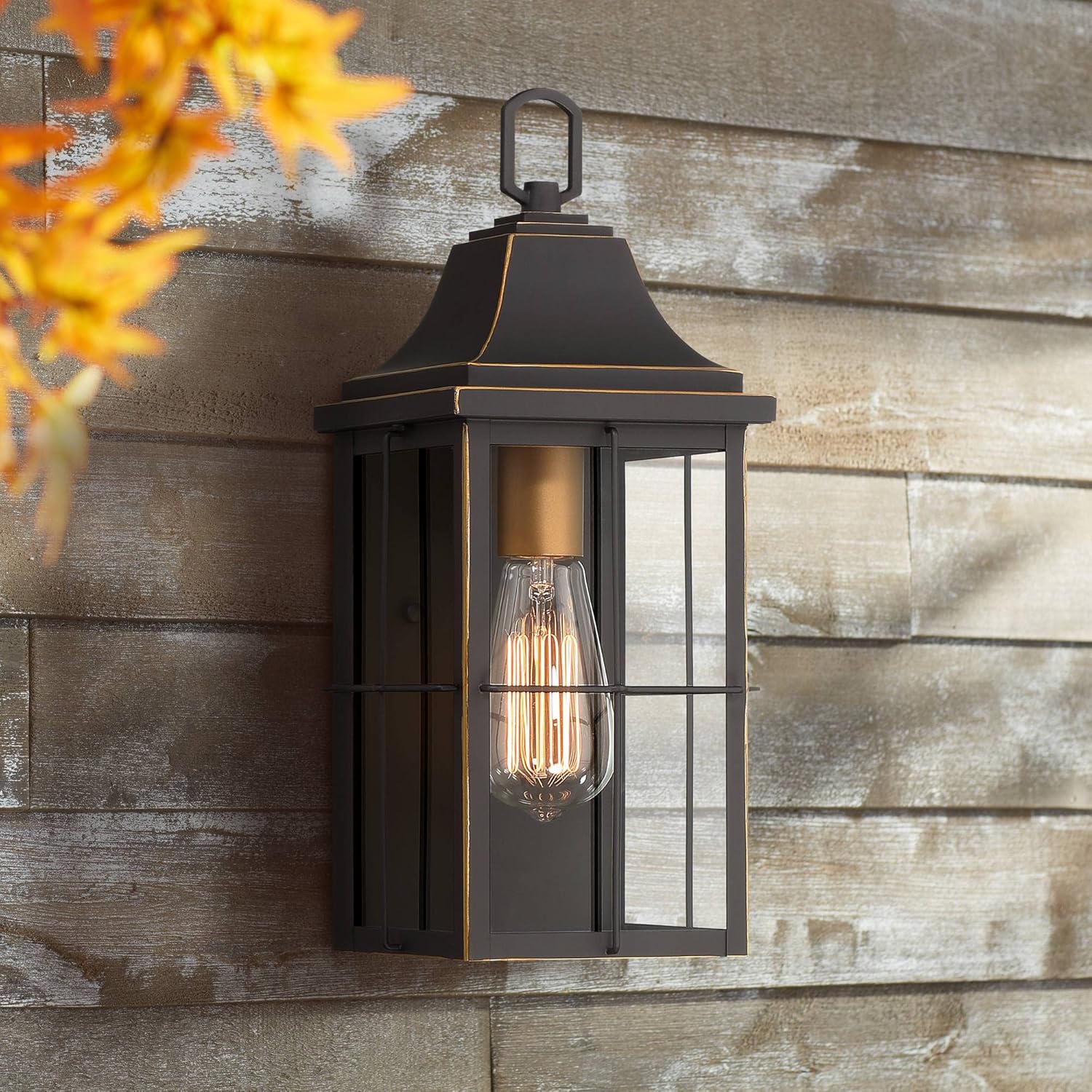 John Timberland Sunderland Rustic Industrial Outdoor Wall Light Fixture Black Warm Gold Metal 4-Light 15" Clear Glass for Exterior House Porch Patio Outside Deck Garage Yard Front Door Home