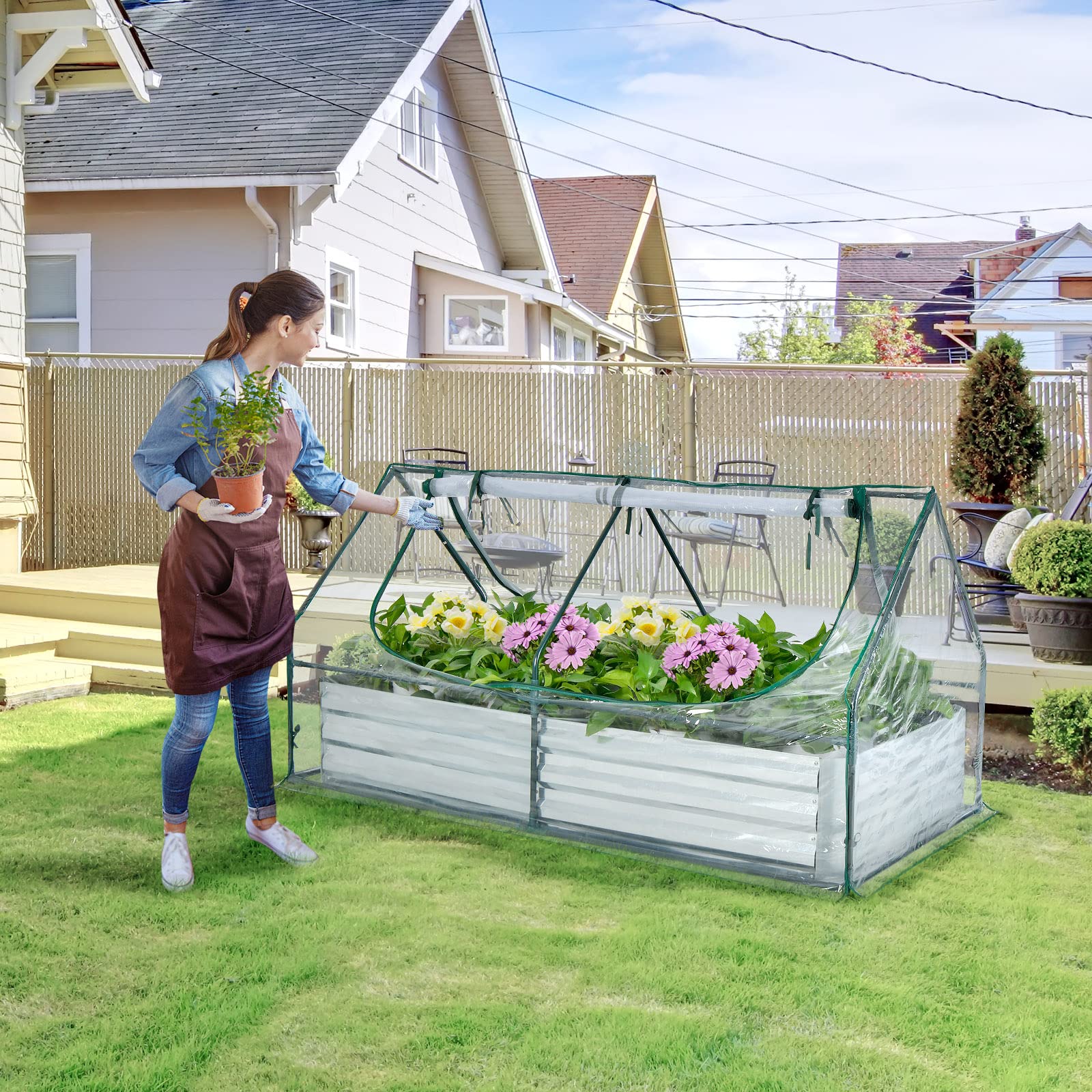 COSTWAY Cama de Jardín Elevada Galvanizada con Invernadero, Huerto Urbano Elevado, Jardinera Exterior sin Fondo con Cubierta, Ventanas Enrollables de 2 Niveles (180 x 90 x 91 cm)