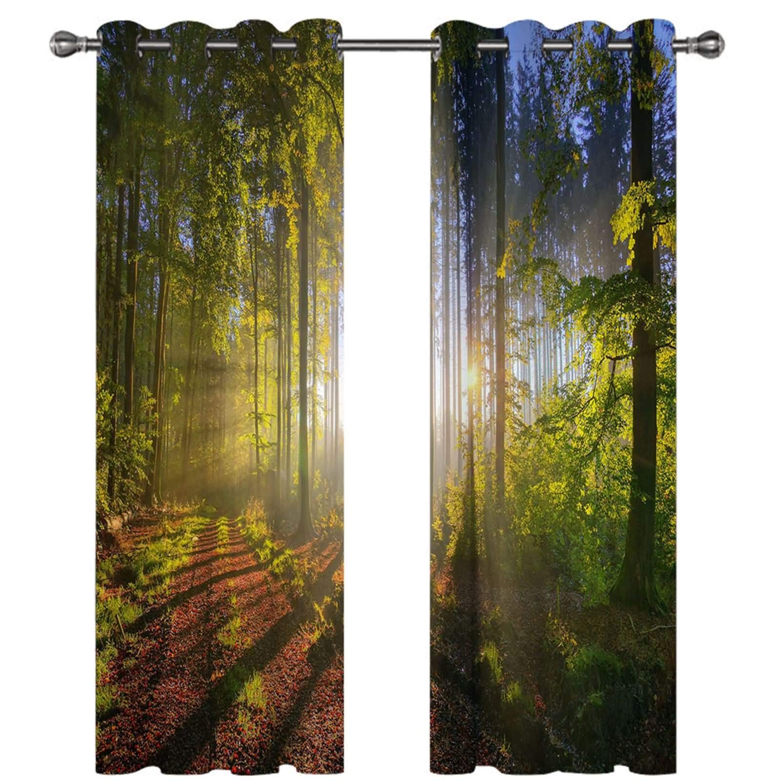 Zasłona do sypialni z poliestru, długość z oczkami, zestaw 2 sztuk, las, nieprzejrzysta, nowoczesna, 214 x 138 cm