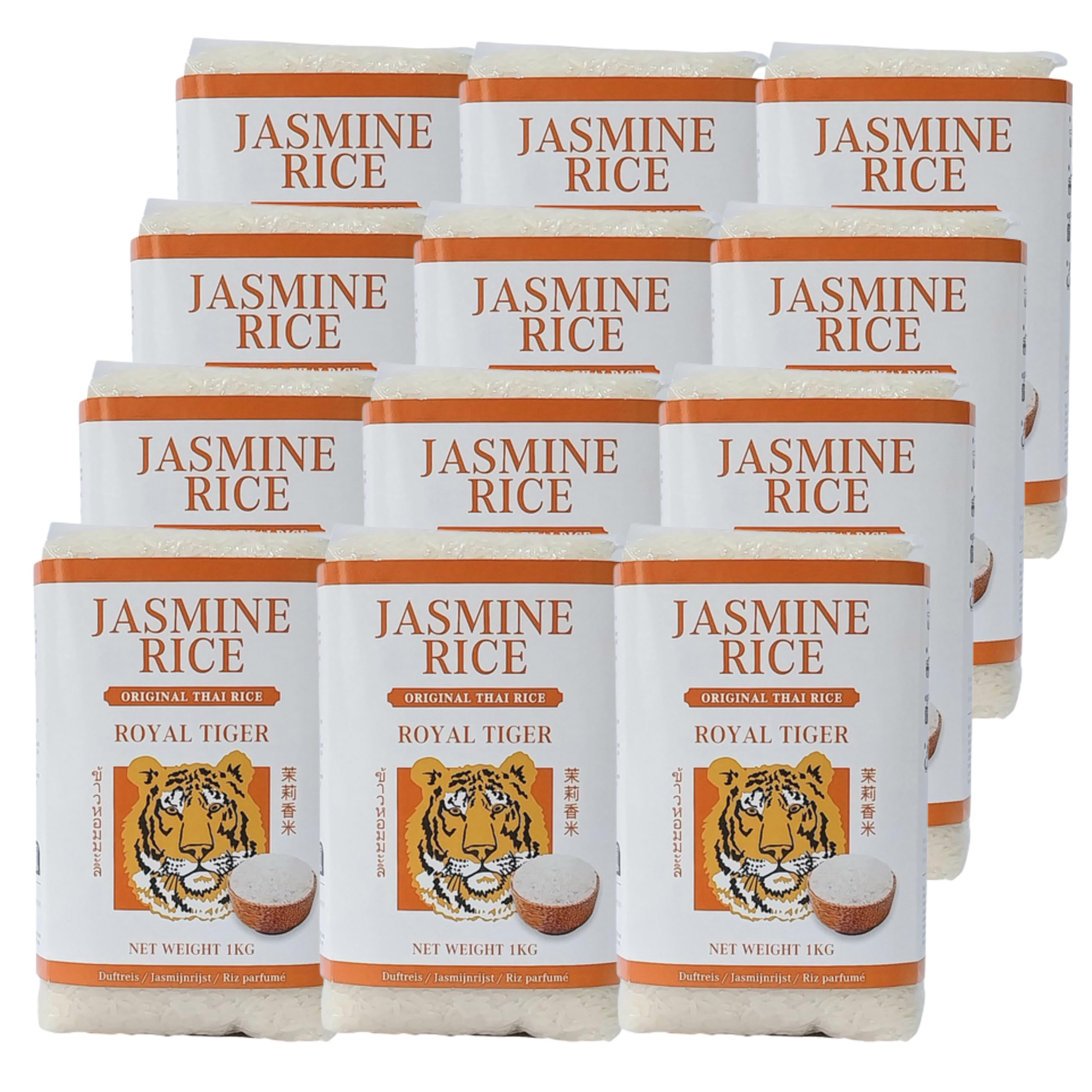 Royal Tiger Jasminreis 12x 1kg, Premium Duftreis aus Thailand, aromatisch & locker-körnig, ideal für Currys, Wokgerichte, Reisgerichte & internationale Speisen, vielseitig verwendbar