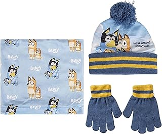 Conjunto de Gorro, Guantes y Braga de Bluey - Colores Azul y Amarillo - Talla Única - Elaborados en Acrílico y Poliéster - Estampado de Bluey y su Fa