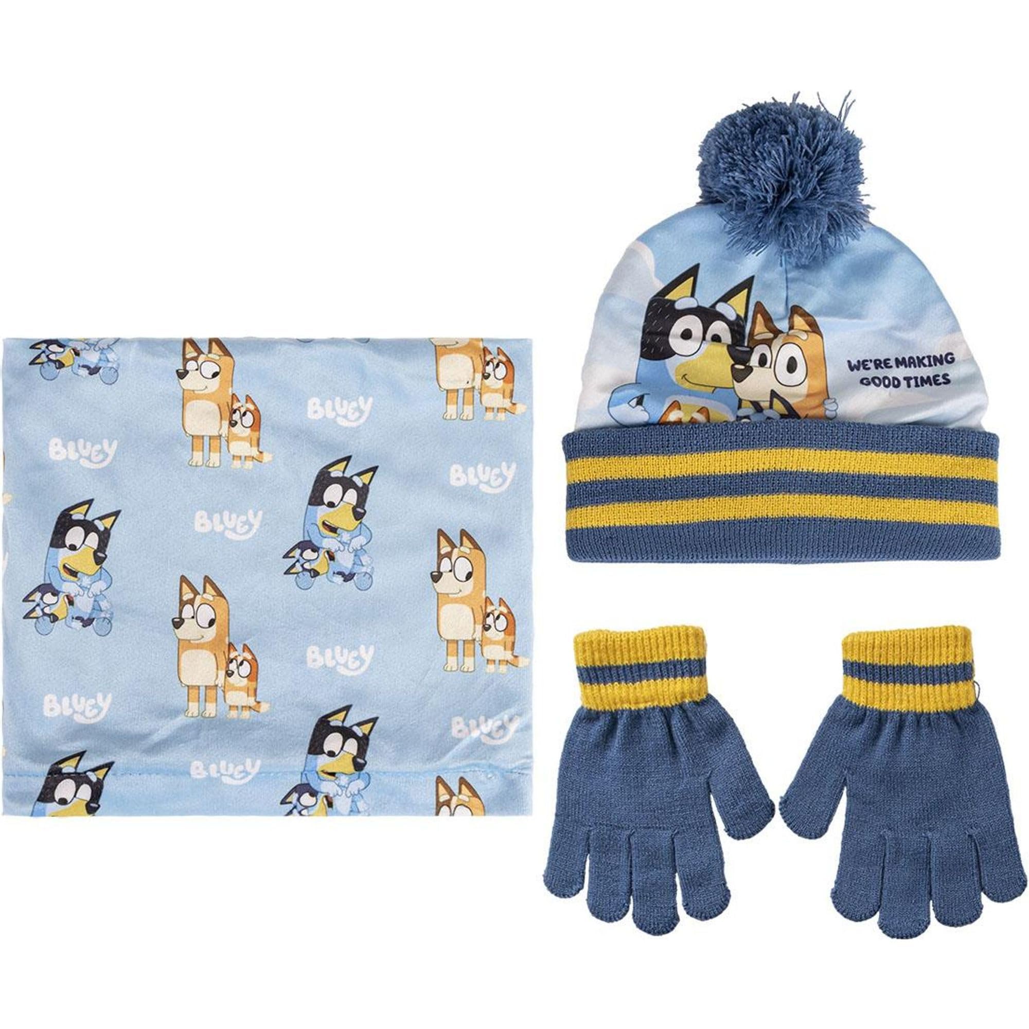 Bluey Hat, Neck Warmer and Gloves Set - Blue and Yellow - One Size - Made of Acrylic and Polyester - Printed Design of Bluey and her Family - Original Product Designed in Spain