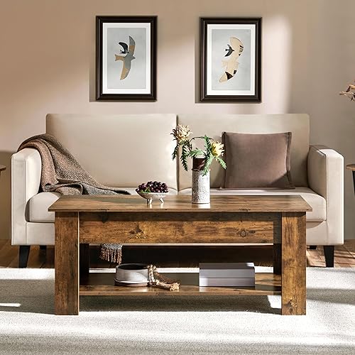 Miniatura 2 de Yaheetech Mesa de Centro, Mesa de Centro Elevable de 47.5 pulgadas con Compartimento Oculto y Estante de Almacenamiento, Mesa de Comedor con Marrón