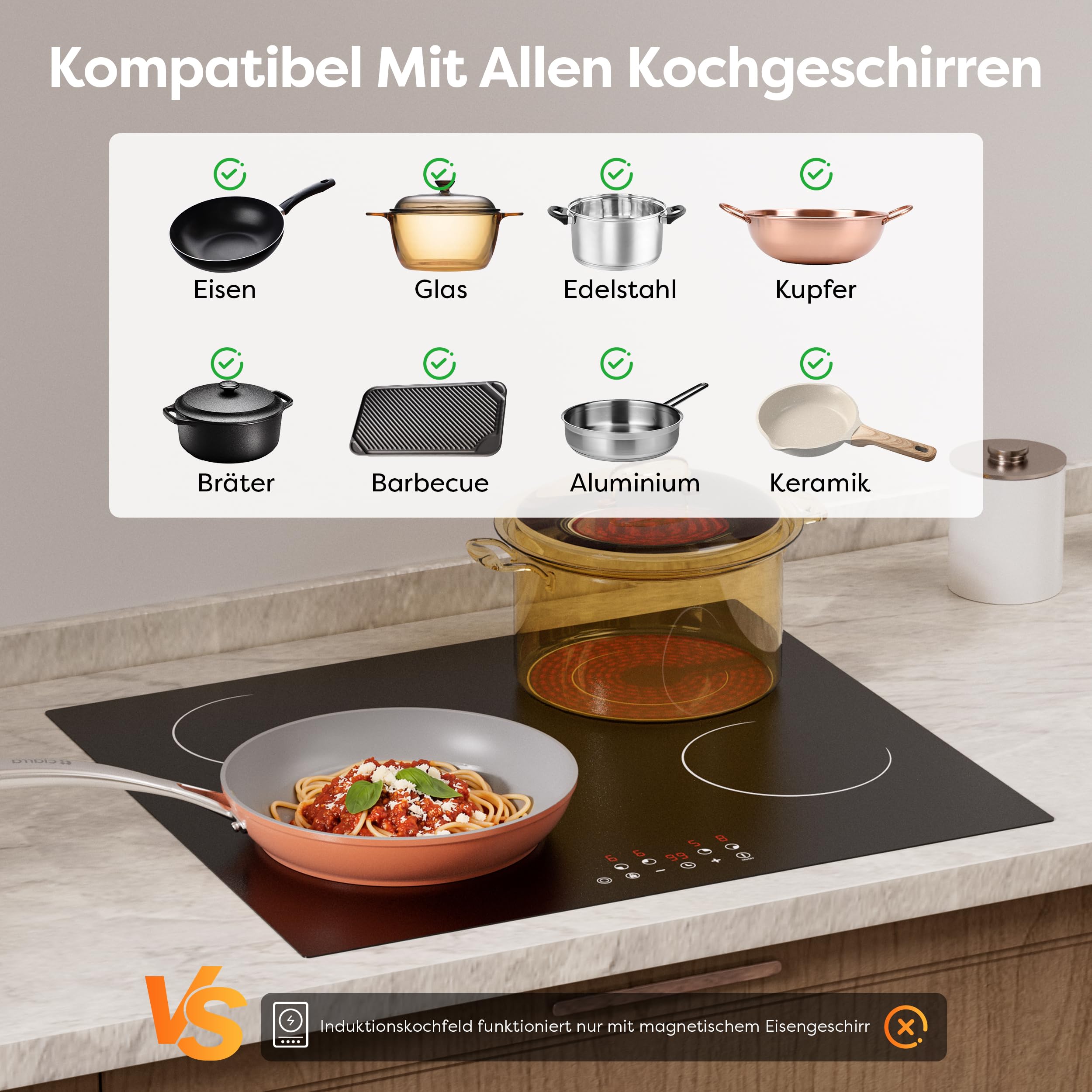 CDV Glaskeramikkochfeld 4 Kochzonen 60 cm 6600 W | Autarkes 60-cm-Einbaukochfeld ohne Stecker, mit Touch, Timer, Kindersicherung und Restwärmeanzeige