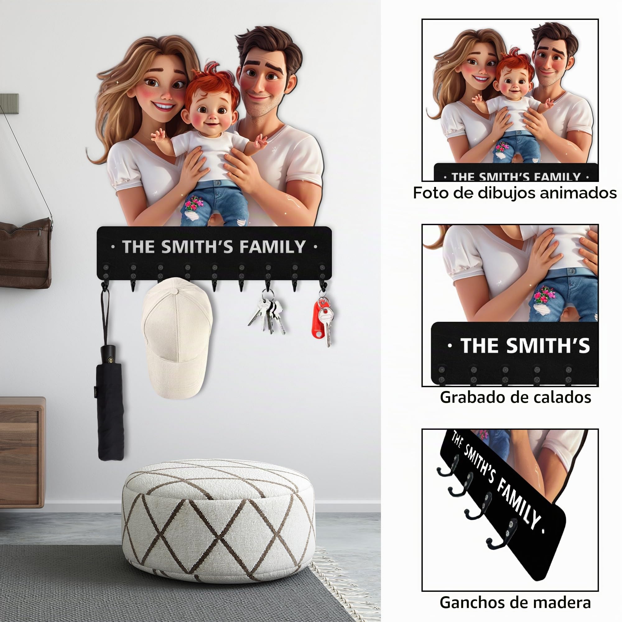Colgador Llaves Pared, Llavero de madera Personalizado con Foto Estilo Dibujo, Cuelga Llaves Pared con Estante, Colgador Llaves para Guardar Objetos Pequeños Como Llaves en la Entrada