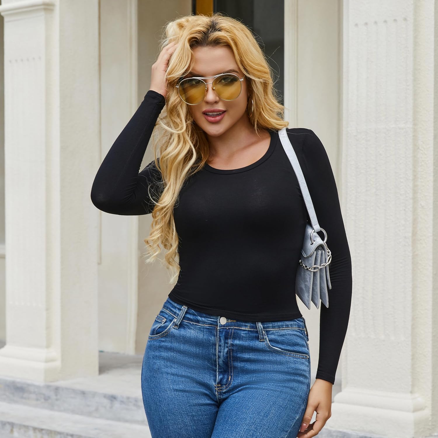 5 Piece Women's Activewear T-Shirts Long Sleeve Crop Tops Crew Neck Stretch Fitted Workout Clothing - Image 3