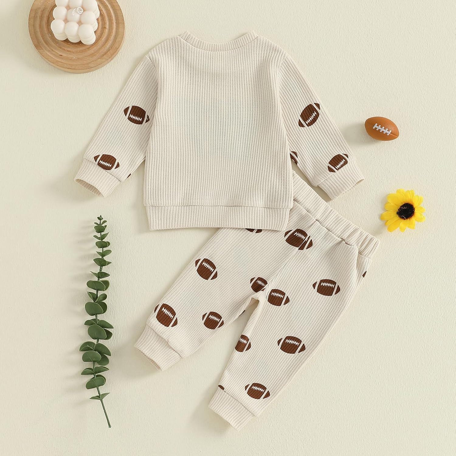 Baby Boy Football Outfit Toddler Waffle Knit Fall Clothes Long Sleeve Sweatshirt Pullover Jogger Pant Set - Image 7