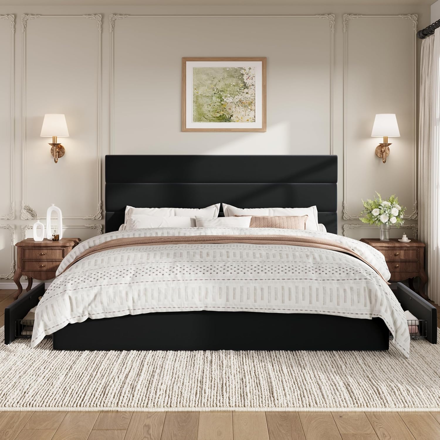 SHA CERLIN King Size Platform Bed Frame with 4 Storage Drawers, Velvet Upholstered Headboard, Mattress Foundation with Wooden Slats Support, No Box Spring Needed, Easy Assembly, Black
