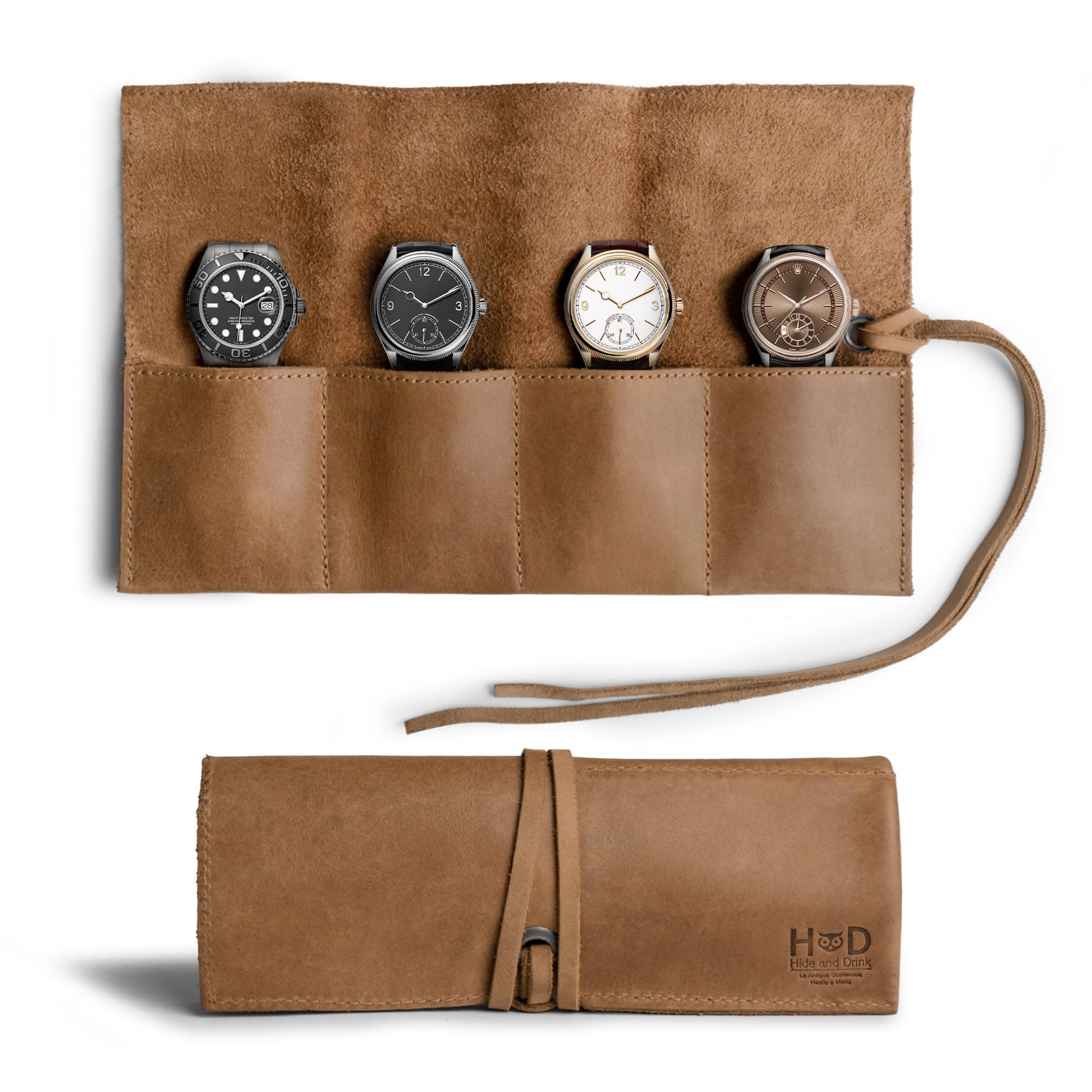 Hide &amp; Drink, Leather Watch Roll Organizer Handmade from Full Grain Leather, Holds Up to 4 Watches, Easy Carry On Watchlover Storage (Single Malt Mahogany)