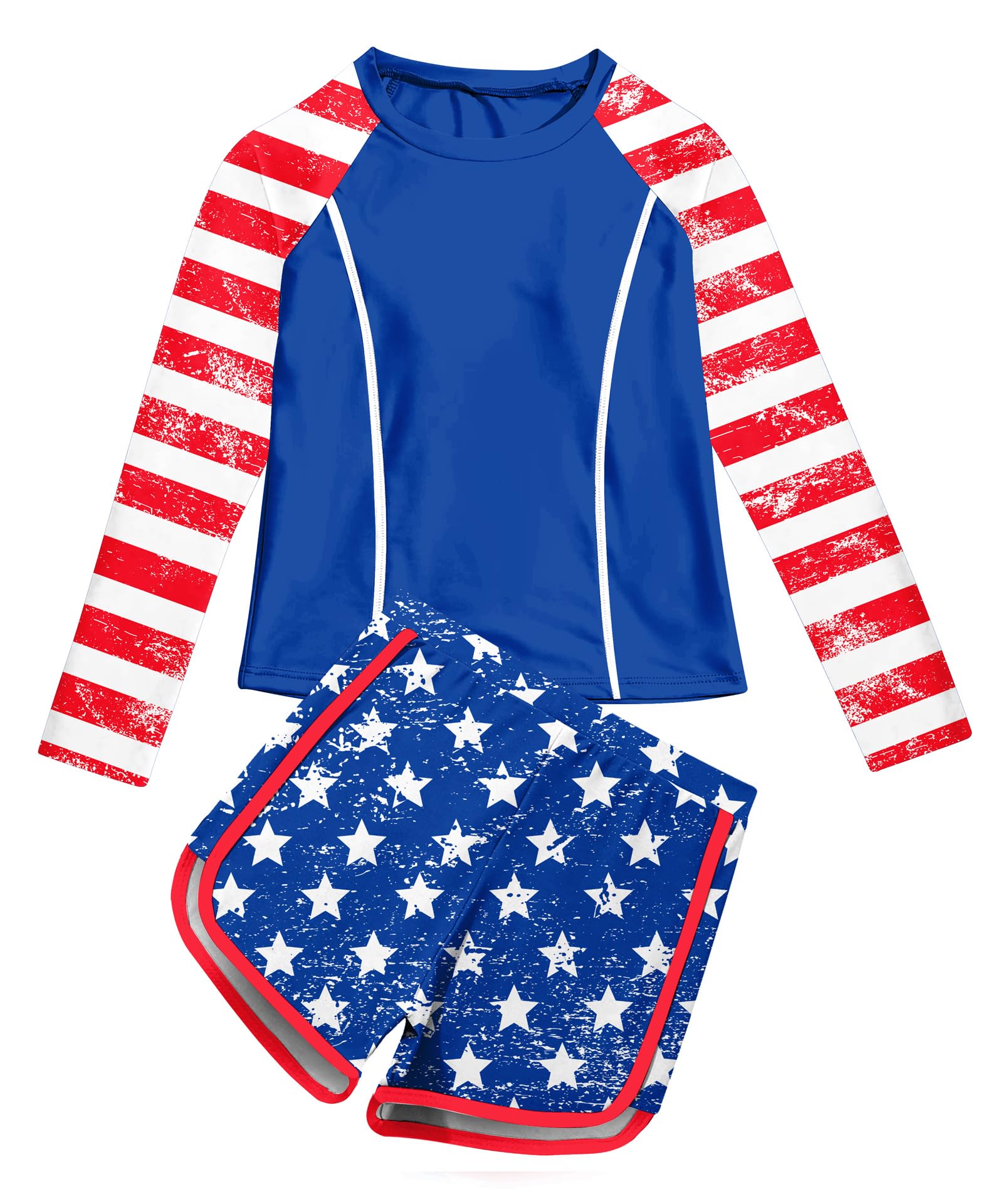 Vogseek 4th of July Swim Suits for Girls 10-12 Years Old Summer Two Piece UPF 50+ Swimwear Size 12 11 Blue USA Flag Rush Guard Swimming Shirt and Swim Board Shorts Bathing Suits