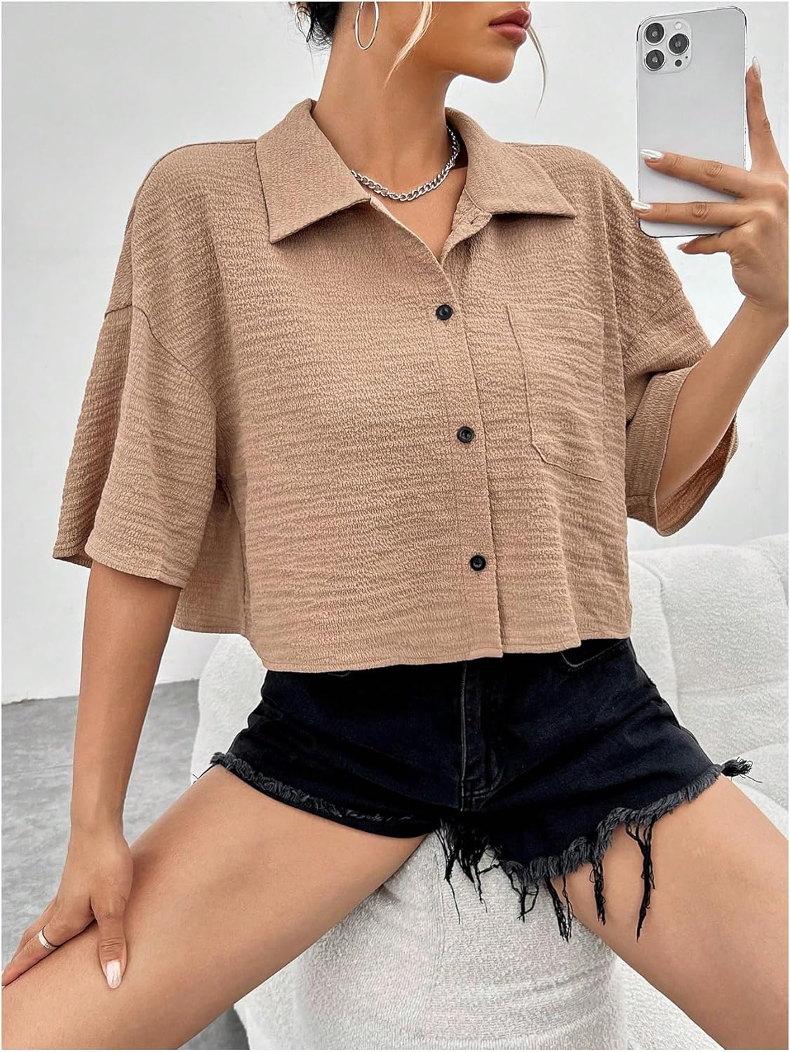 SHENHE Women's Cropped Button Down Shirt Collared Short Sleeve Casual Blouse with Chest Pocket - Image 3