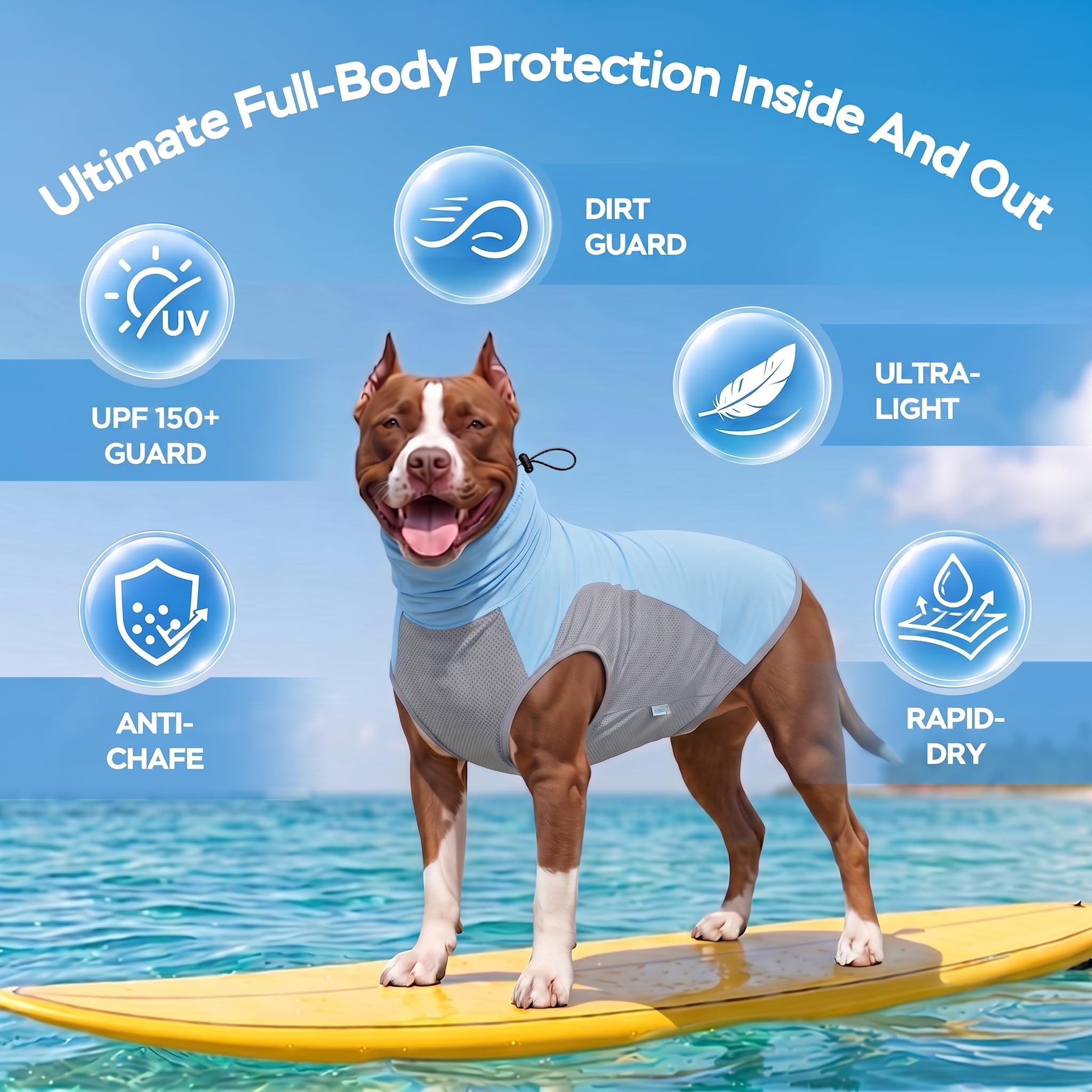 LovinPet Chemise solaire UPF 150+ pour chien, sans manches, col haut, protection UV, vêtements pour grandes races, gilet d'extérieur léger à séchage rapide avec panneau ventral respirant, bleu clair