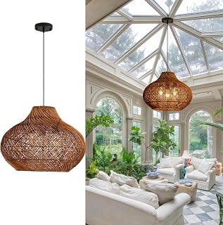 18.9IN Farmhouse Rattan Pendant Light 3-Lights Boho Round Wicker Dining Room Light Fixture Woven Bamboo Chandelier for Living Room Bedroom Staircase Reataurant Kitchen Island