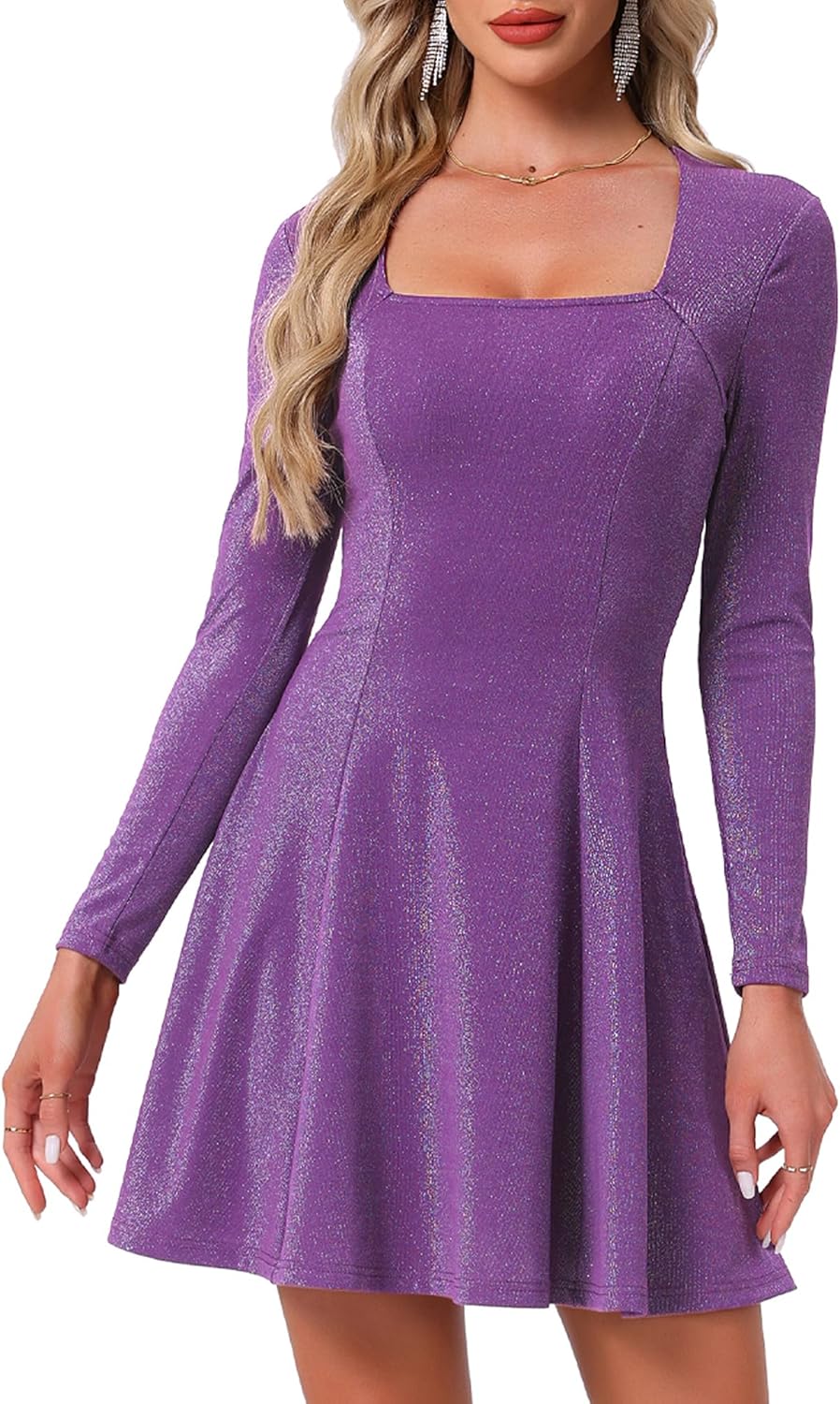Allegra K Glitter Party Dress for Women Sparkling Square Neck Long Sleeve Cocktail Mini Dress A-Line Evening Clubwear