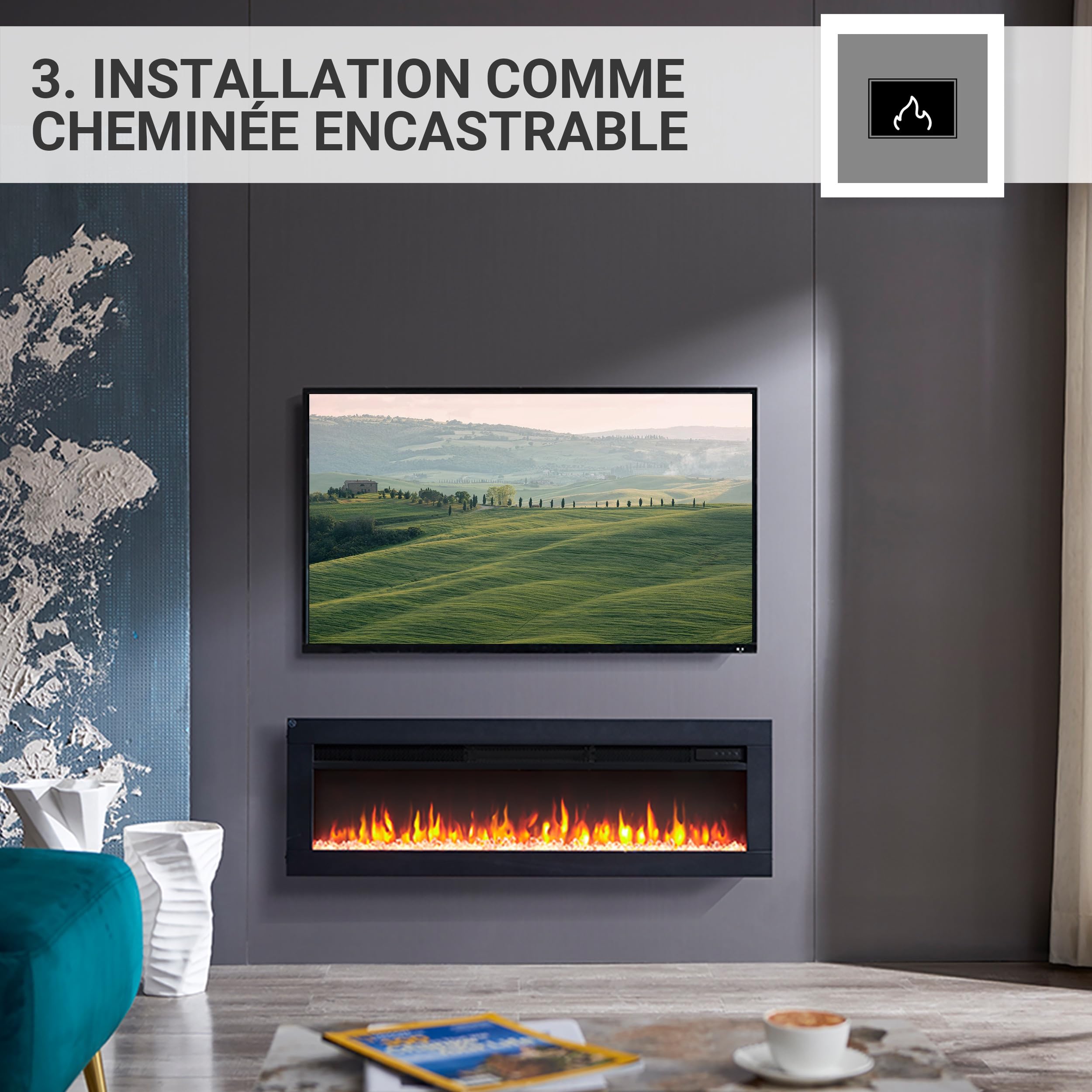 BALDERIA Agnes 40" Foyer Électrique - Foyer électrique encastré avec Chauffage 1000/2000 W, Effet de Flamme 3D réaliste, Télécommande programmable, Minuterie, Thermostat - Noir