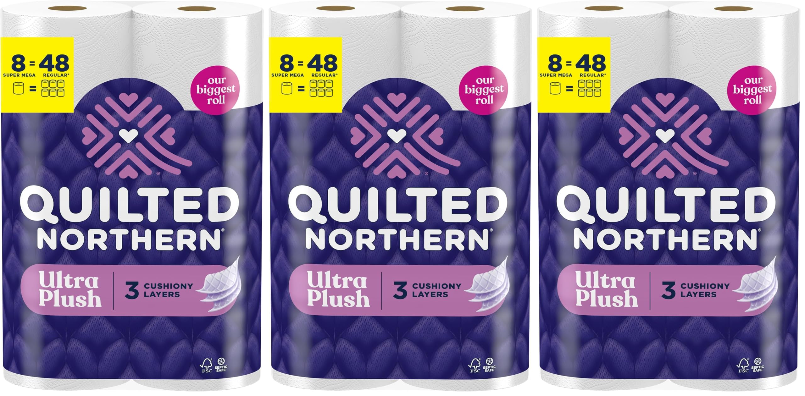 Quilted Northern Ultra Plush Toilet Paper, 8 Super Mega Rolls : 48 Regular Rolls, 3X Thicker*, 3 Ply Soft Toilet Tissue (Pack of 3)
