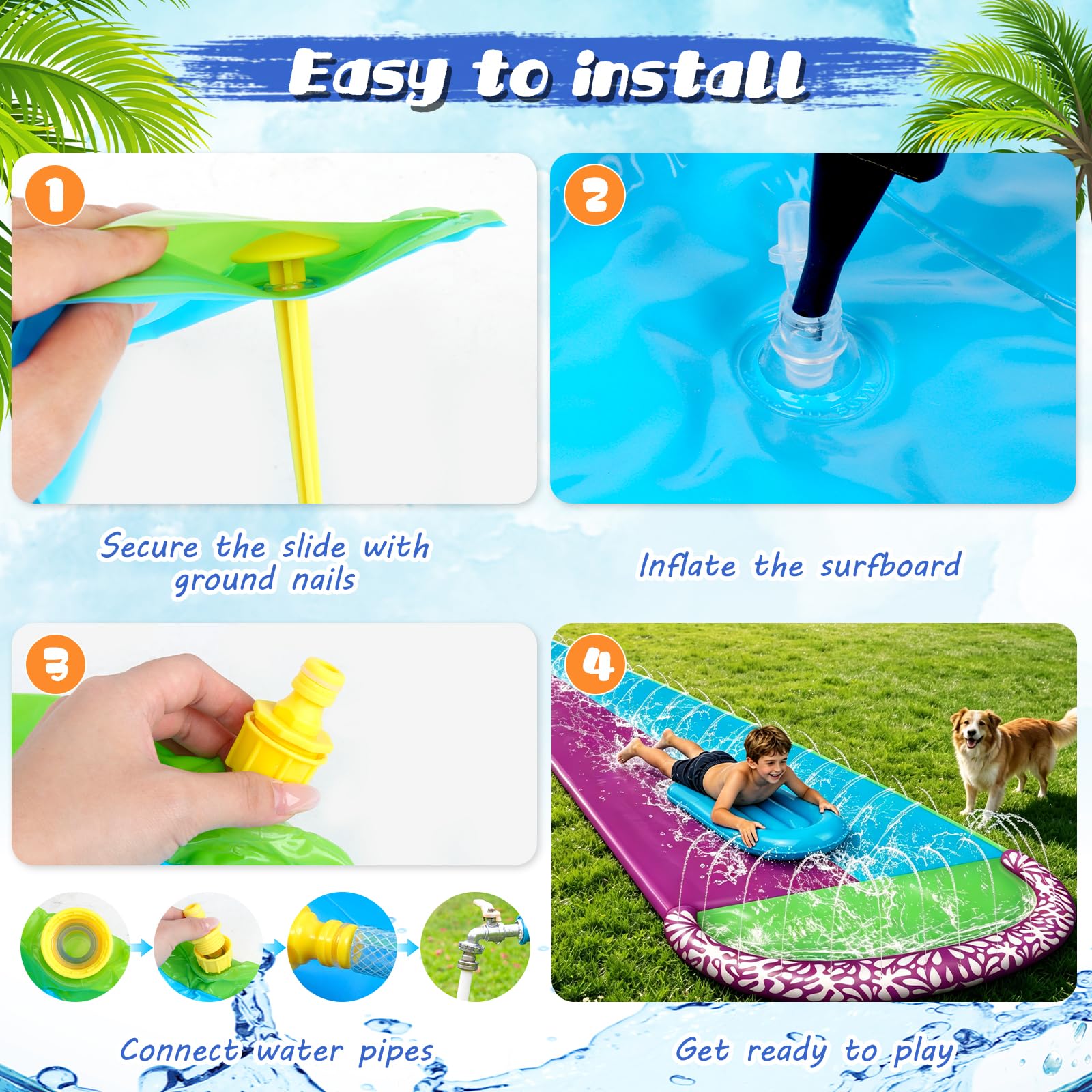 Wasserrutsche Garten 610x240cm mit 2 Bodyboards Doppelrutsche Eingebautem Sprinkler Sommer-Wasserspielzeug