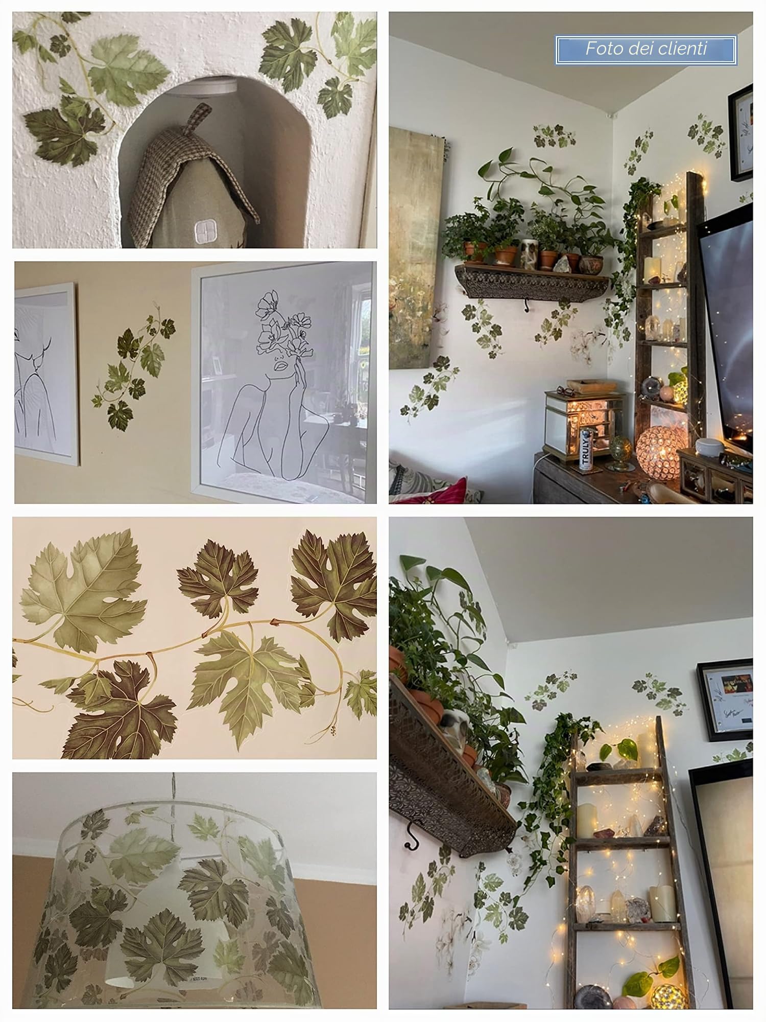 WandSticker4U®- [6er Pack] Adesivi murali FOGLIE di EDERA verde piante rampicante (L: 1,7 M) I Adesivi da parete piante foglie verdi I Decorazioni parete camera da letto cucina bagno corridoio mobili