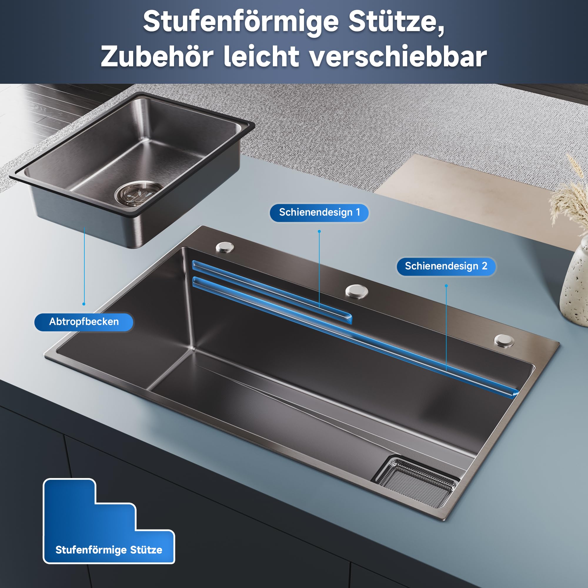 SONNI Spülbecken, Küchenspüle, 70x45cm 304SUS Edelstahl Spüle,1 Becken Einbauspüle mit Abtropfkorb, Rechteckiges Abfallsieb & Ablaufgarnitur, 3 Vorgebohrte Löcher, Breite Seite, Schwarz.
