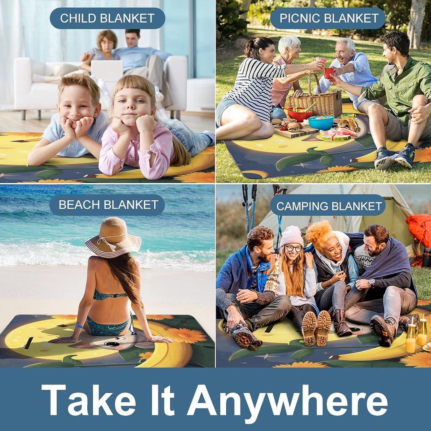 Banana Cat Print Waterproof Picnic Blanket 58.3''x58.3'',Portable and Foldable Picnic Mat with Handle,Outdoor Blankets for Lawn Park Beach Travel