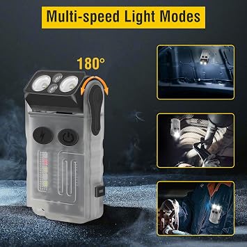 BORUIT V20 Small Powerful Flashlight Super Bright with Red Blue Warm Light, 180 Head Swivels 110dB Buzzer - Mini Keychain Pocket Rechargeable LED Flashlights USB EDC Clip Flash Light