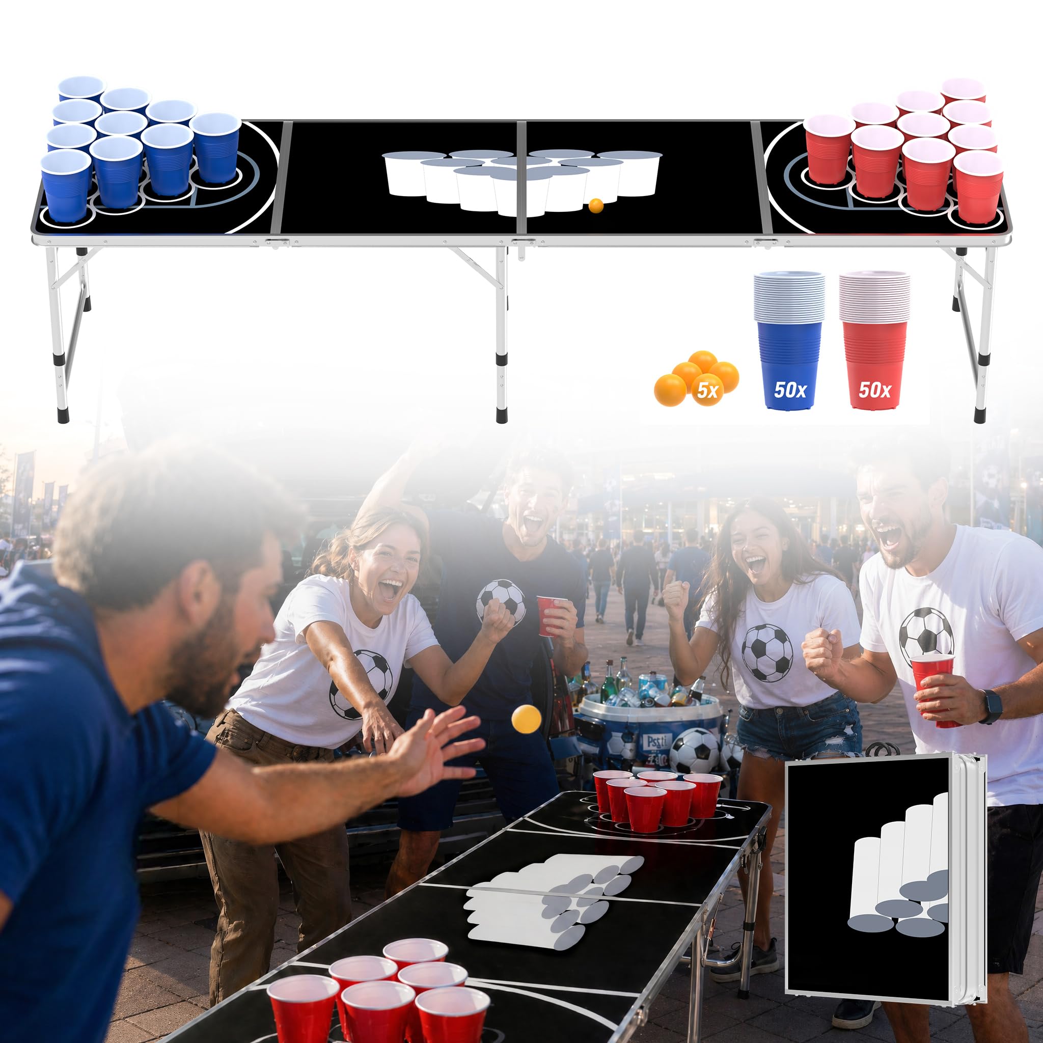 YRHome Składany stół do ponga piwnego, zestaw z kubkami i piłkami, praktyczny stół do Beer Pong z regulacją wysokości, gra imprezowa dla dorosłych z uchwytami do noszenia, idealna na każdą imprezę