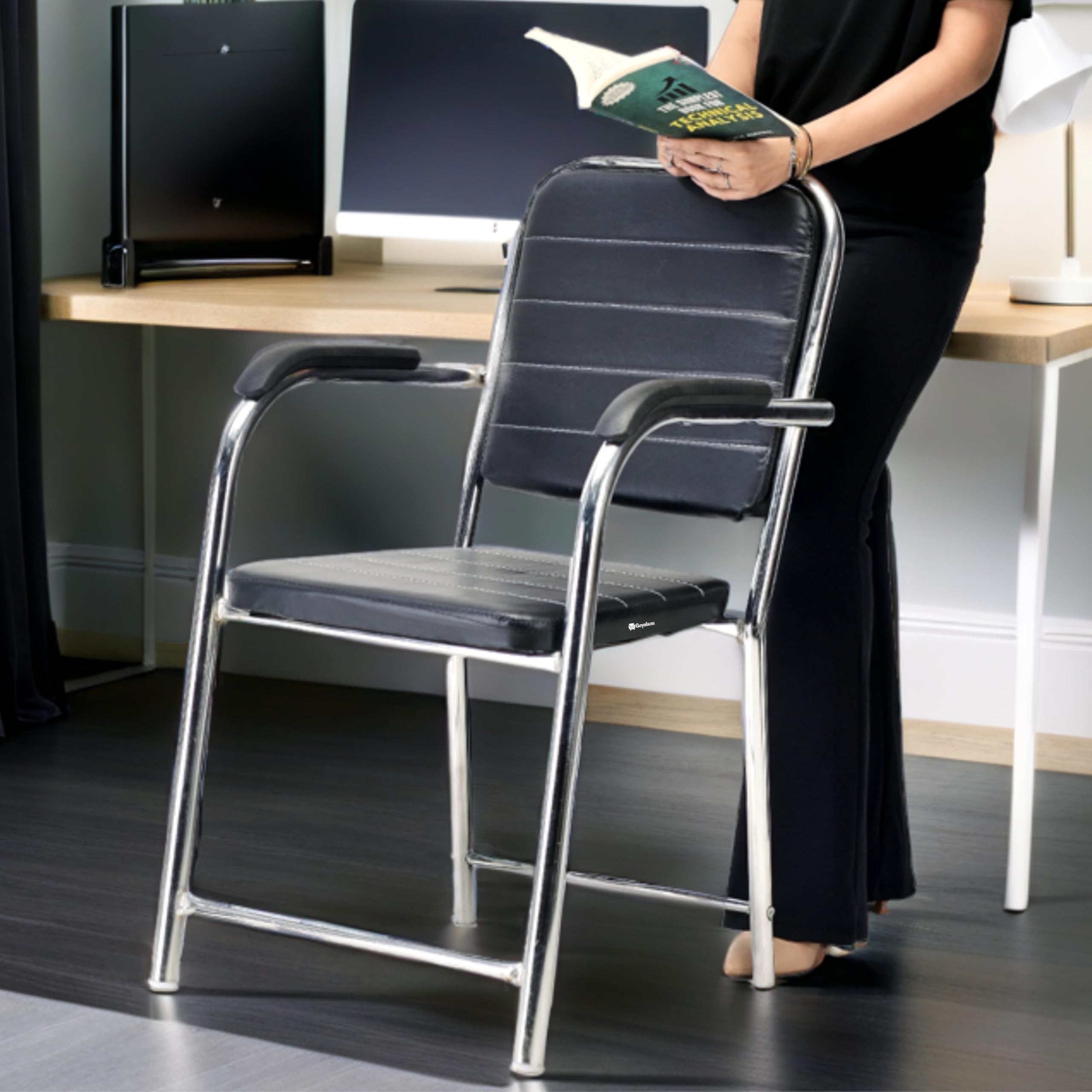 RATISON Office Chair Visitor Chair with arm Rest with Steel Frame and Cushioned seat Back, Chair Without Wheels Holds up to 140 kg Heavy Design (1, Black, Heavy)