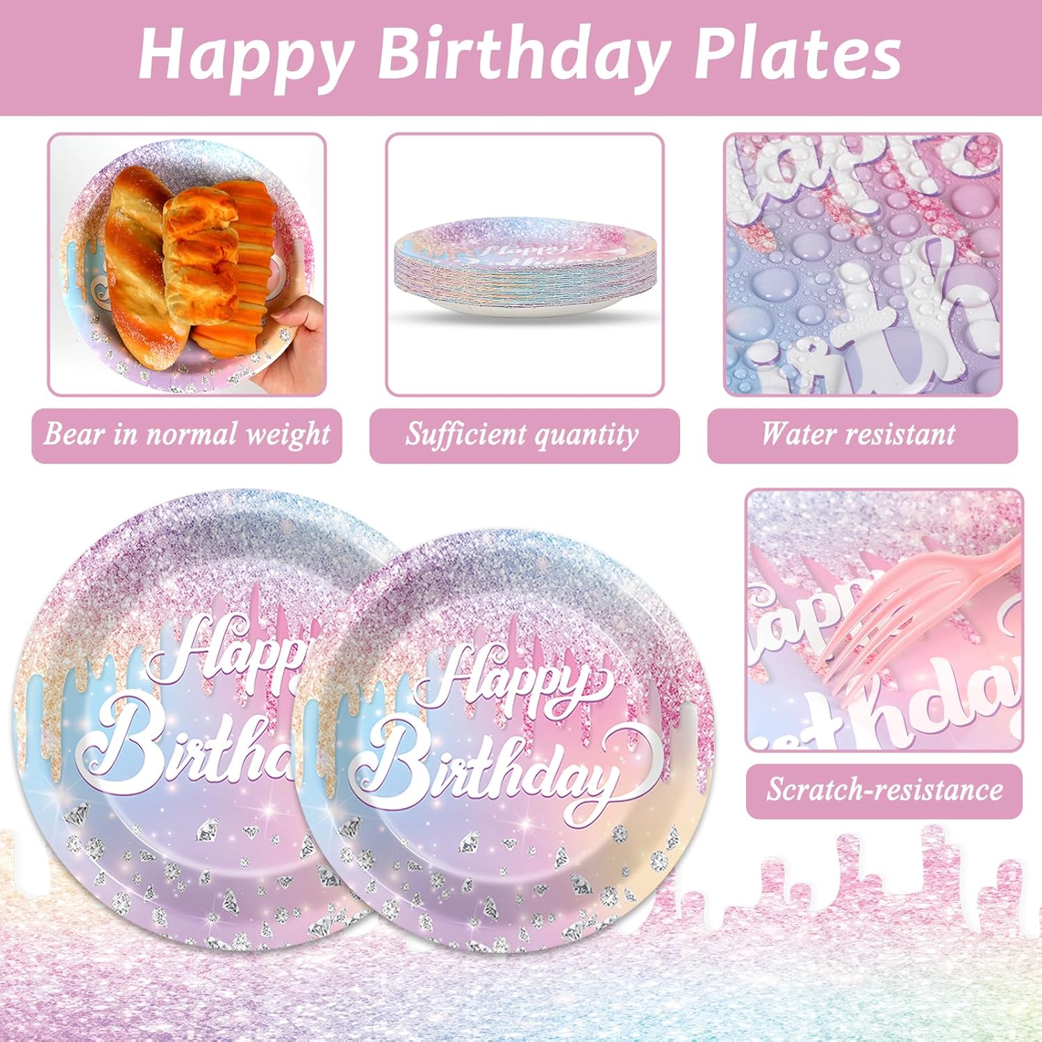 Iridescent Diamond Birthday Party Plates Napkin Fork Glitter Diamond Tableware Set Happy Birthday Dinnerware Colorful Supply for Girls Women Baby Shower Wedding Parties Decoration Serve 24 - Image 3