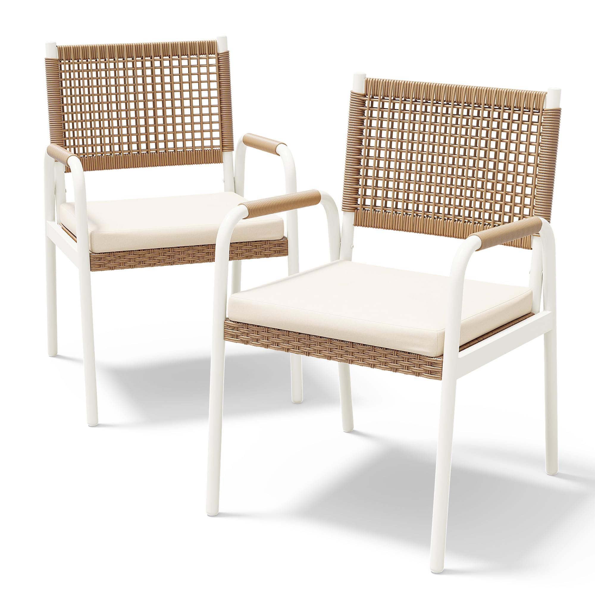 Set of 2 Rattan Garden Patio Armchairs with Thick Cushions, All-Weather Polyrattan Dining Chairs, Heavy Duty White Metal Frame for Garden, Balcony, Porch, Lawn, Conservatory, Backyard, Poolsidem